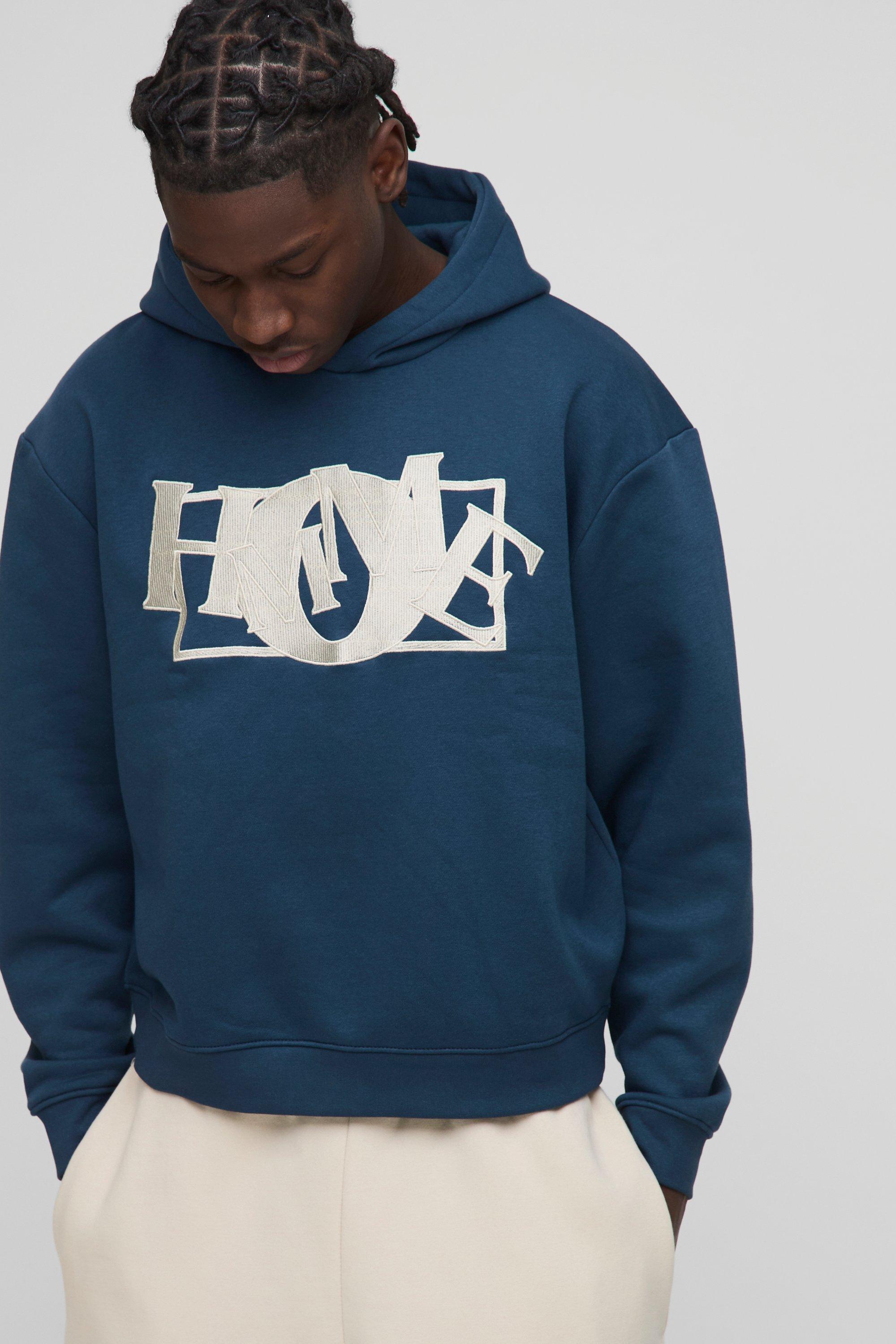 Felpa squadrata oversize Homme con ricami e cappuccio, Azzurro