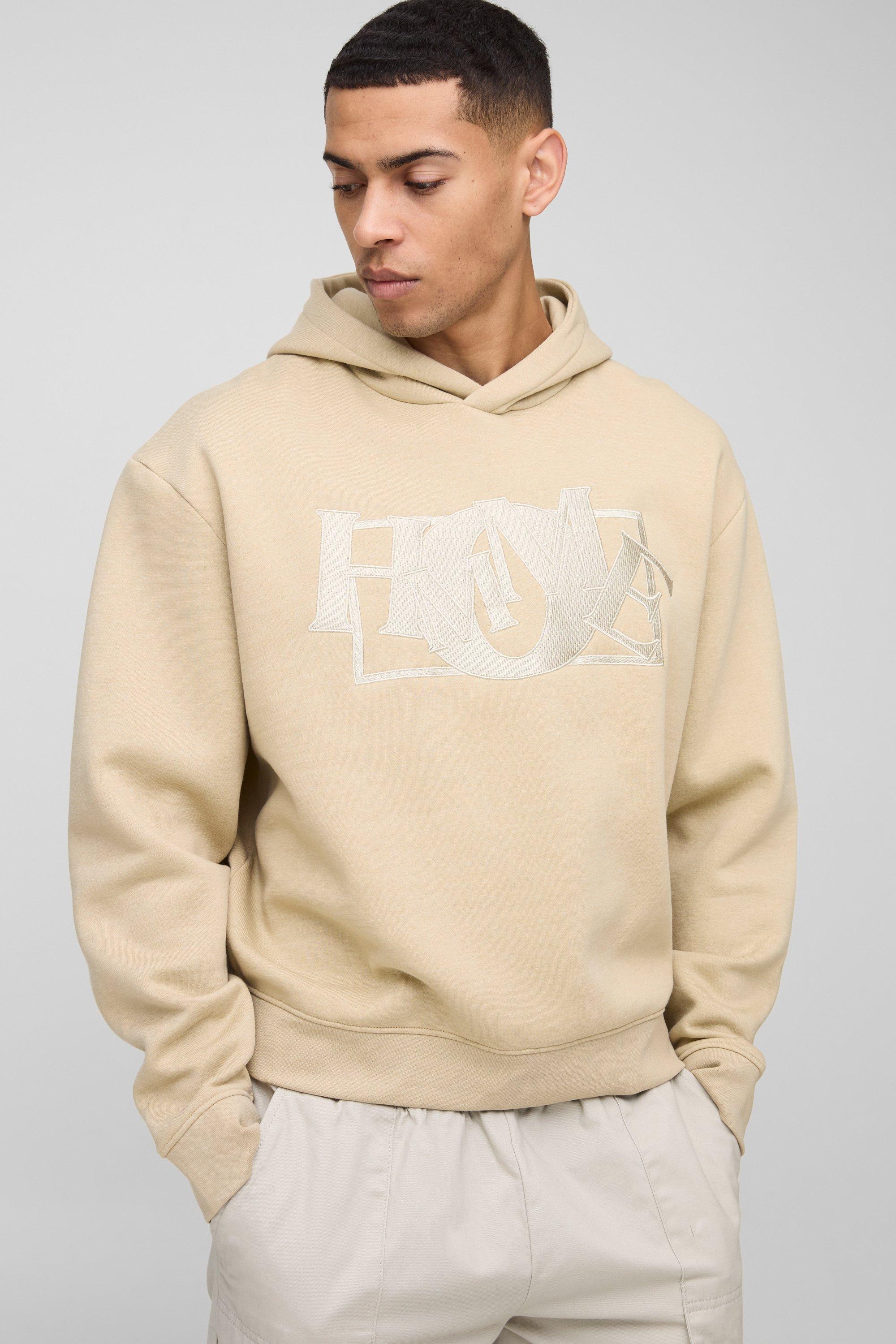 Felpa squadrata oversize Homme con ricami e cappuccio, Beige