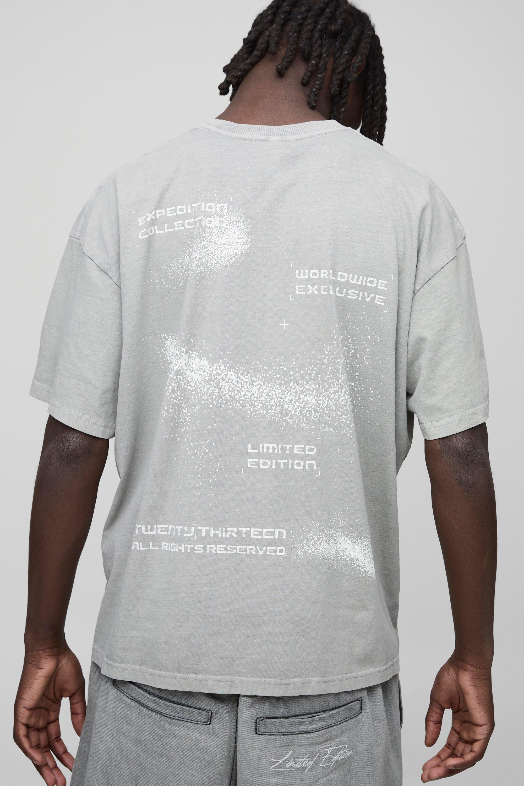 Oversized Expedition Space Graphic Washed T-Shirt, Grigio