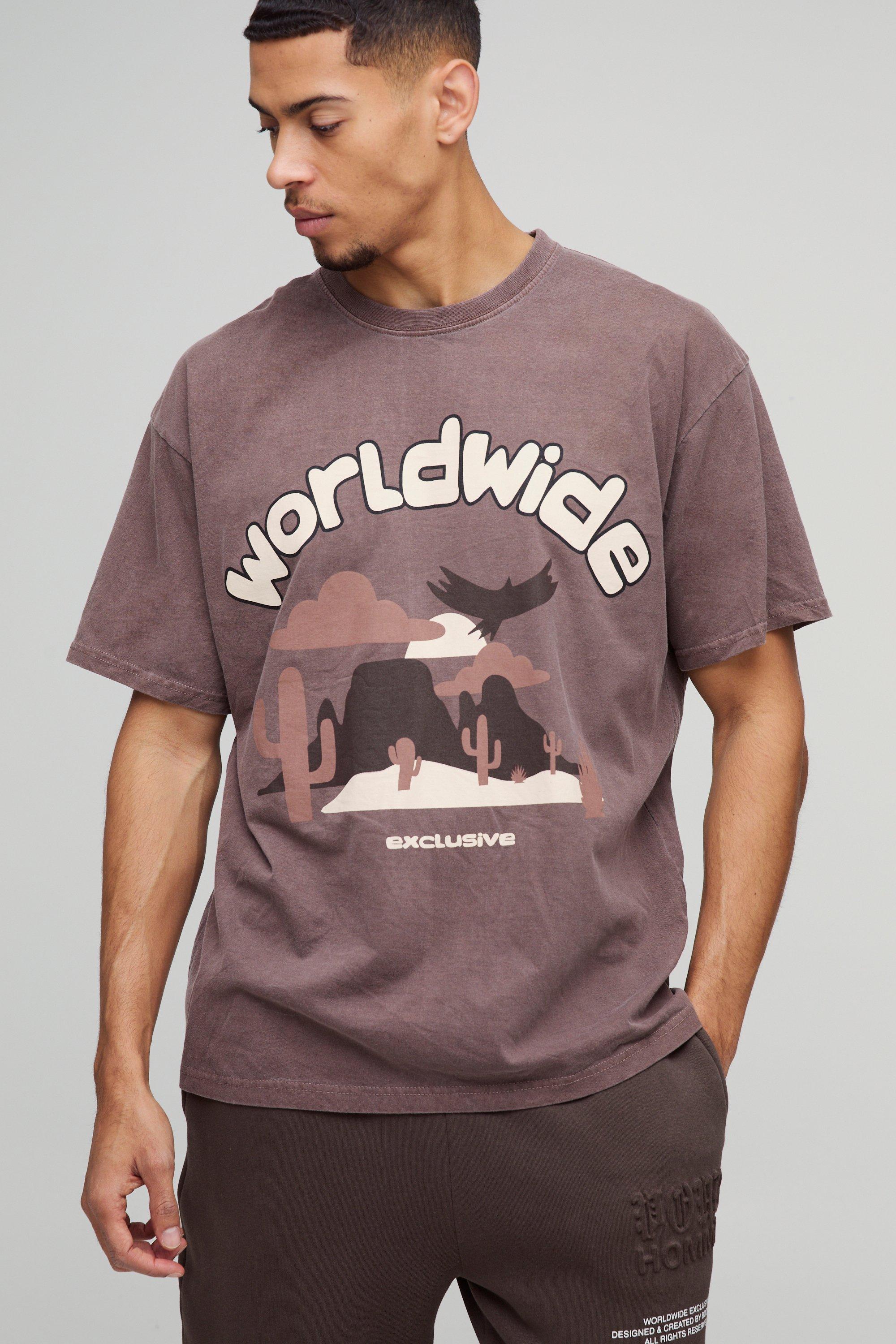 Oversized Tonal Worldwide Western Washed Graphic T-Shirt, Brown