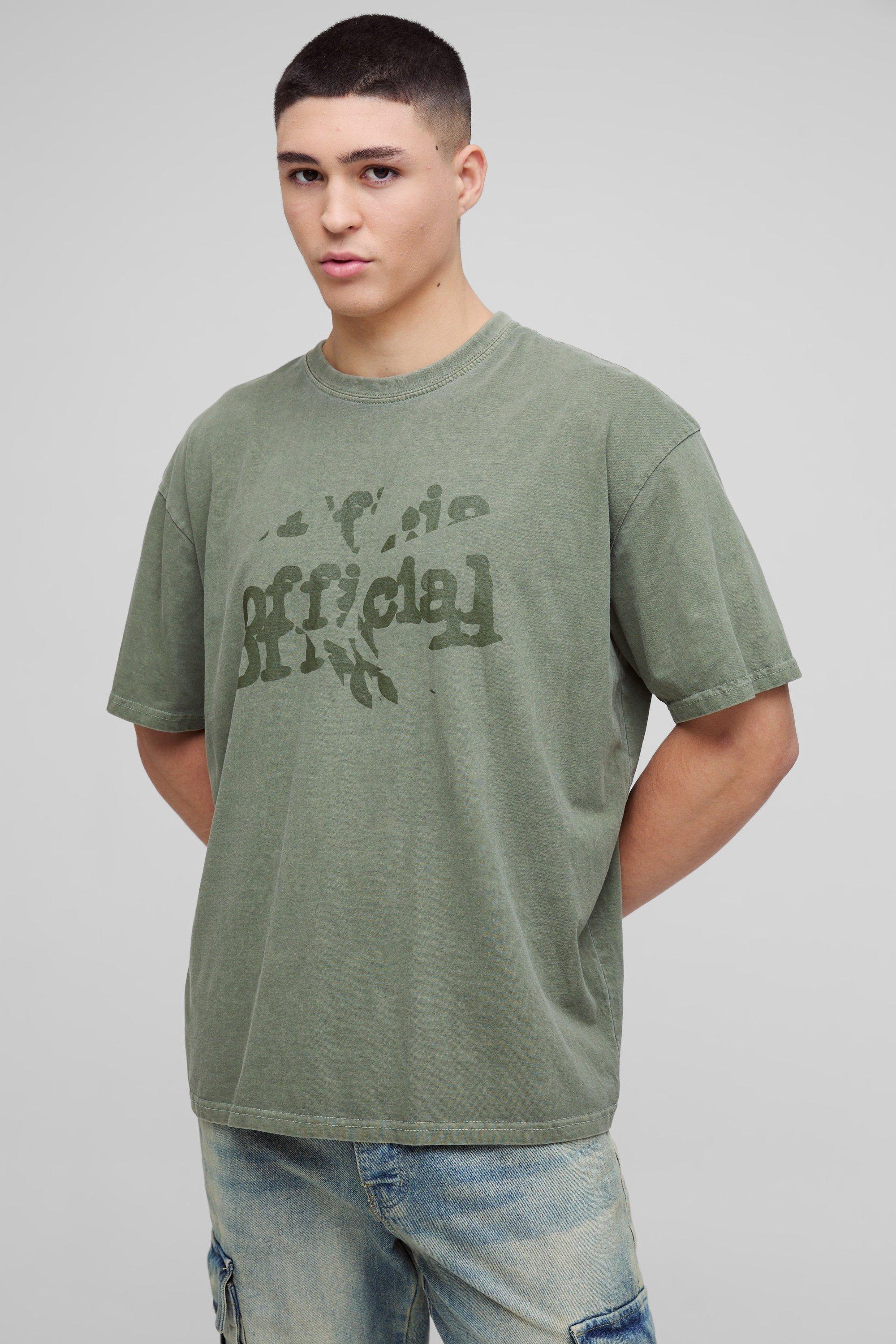 T-shirt oversize slavata con grafica Official tono su tono, Verde