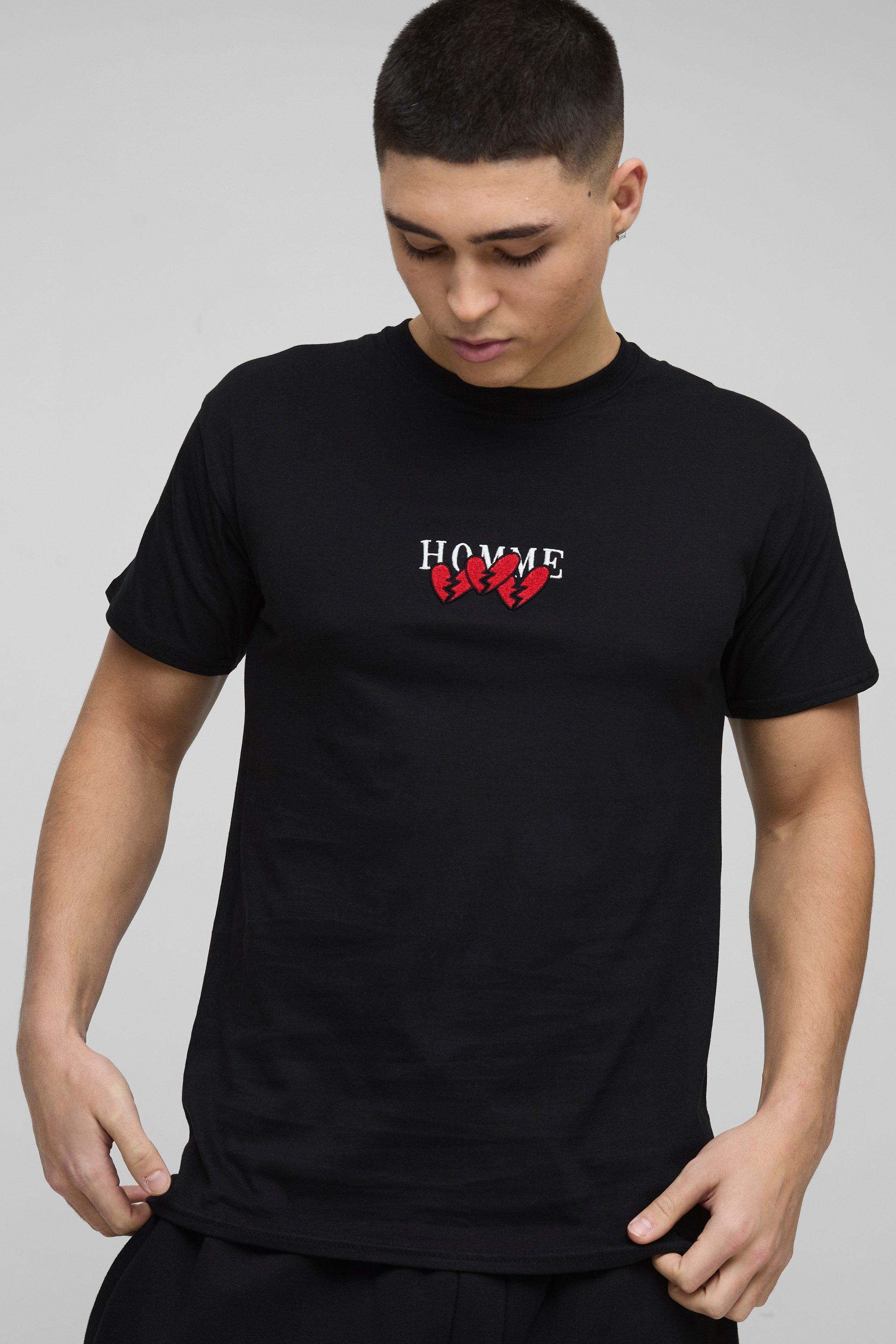 T-shirt Homme con grafica di cuore ricamata, Nero