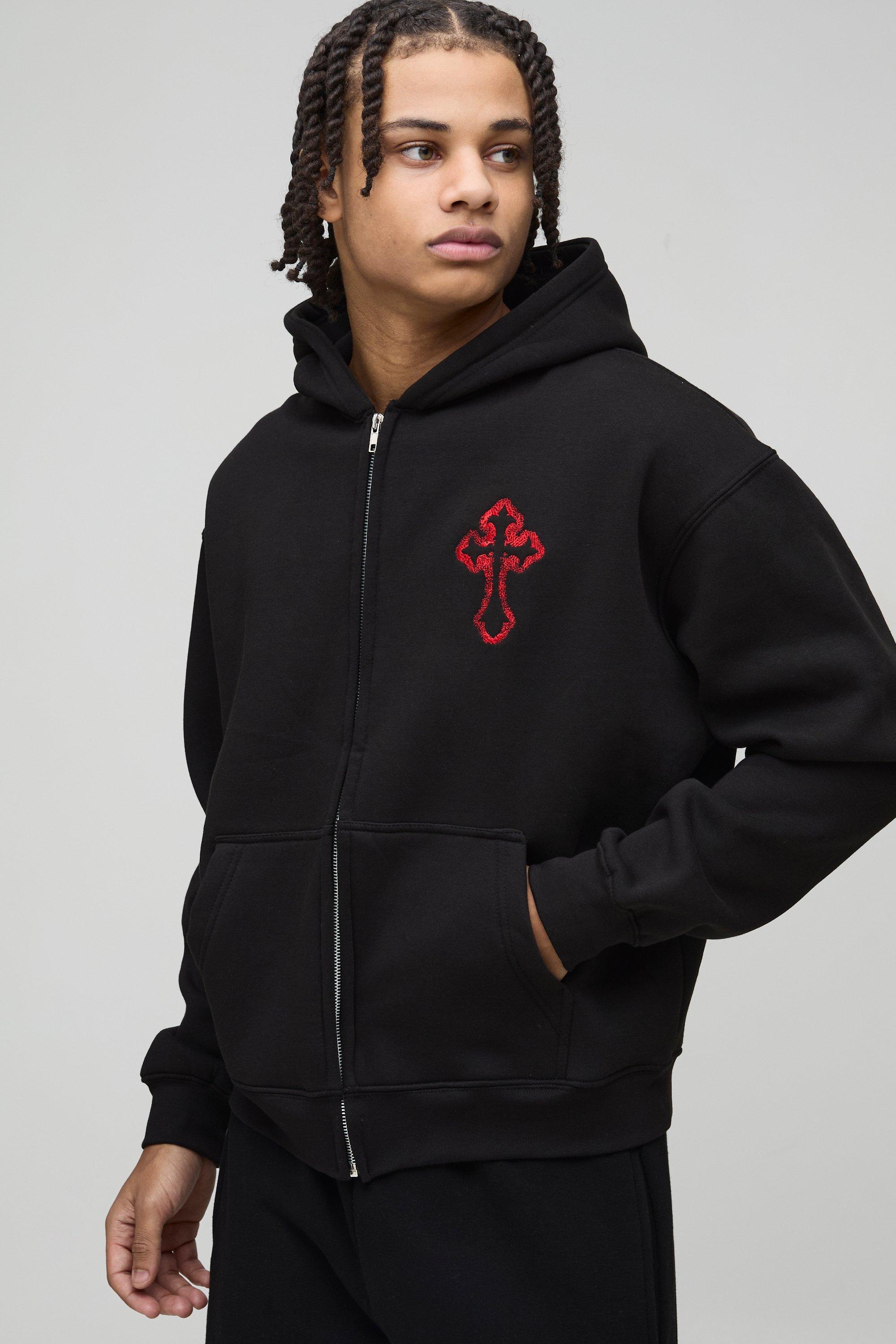 Felpa oversize con ricamo di croce, zip e cappuccio, Nero