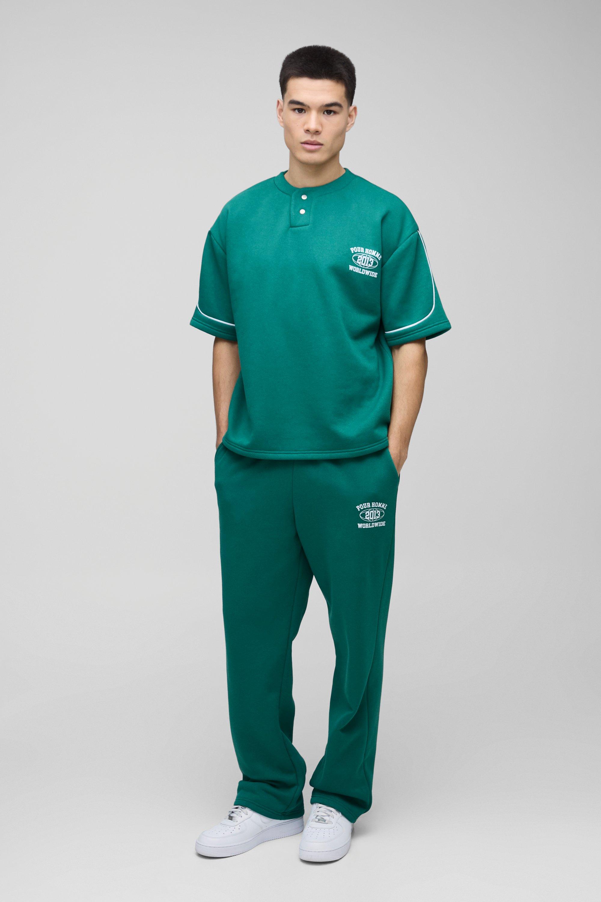 Mens Green Oversized Boxy Varsity Piping Long Set, Green