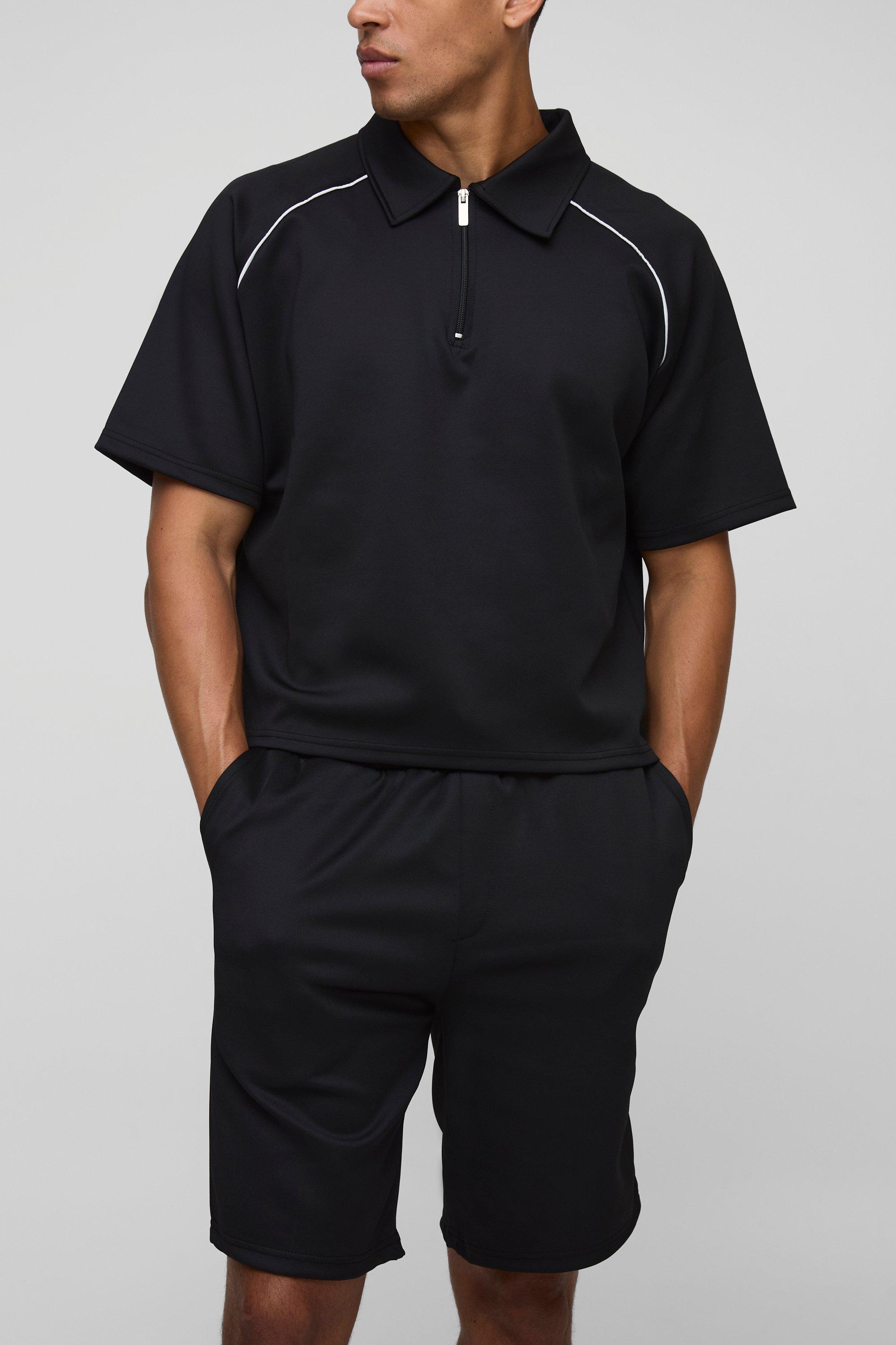 Mens Black Oversized Boxy Raglan Scuba Polo & Short Set, Black