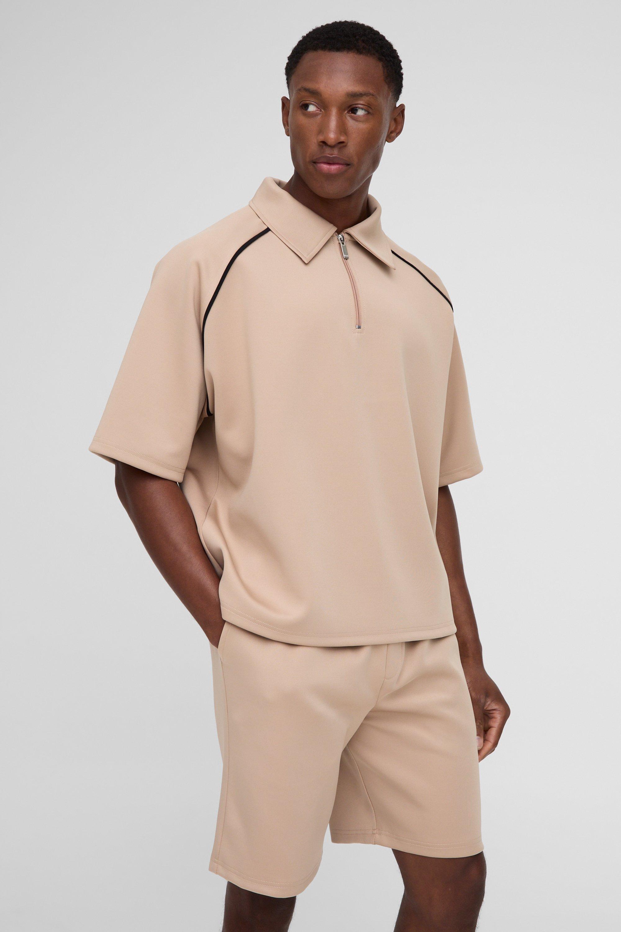 Set polo squadrata oversize in Scuba con maniche raglan & pantaloncini, Beige