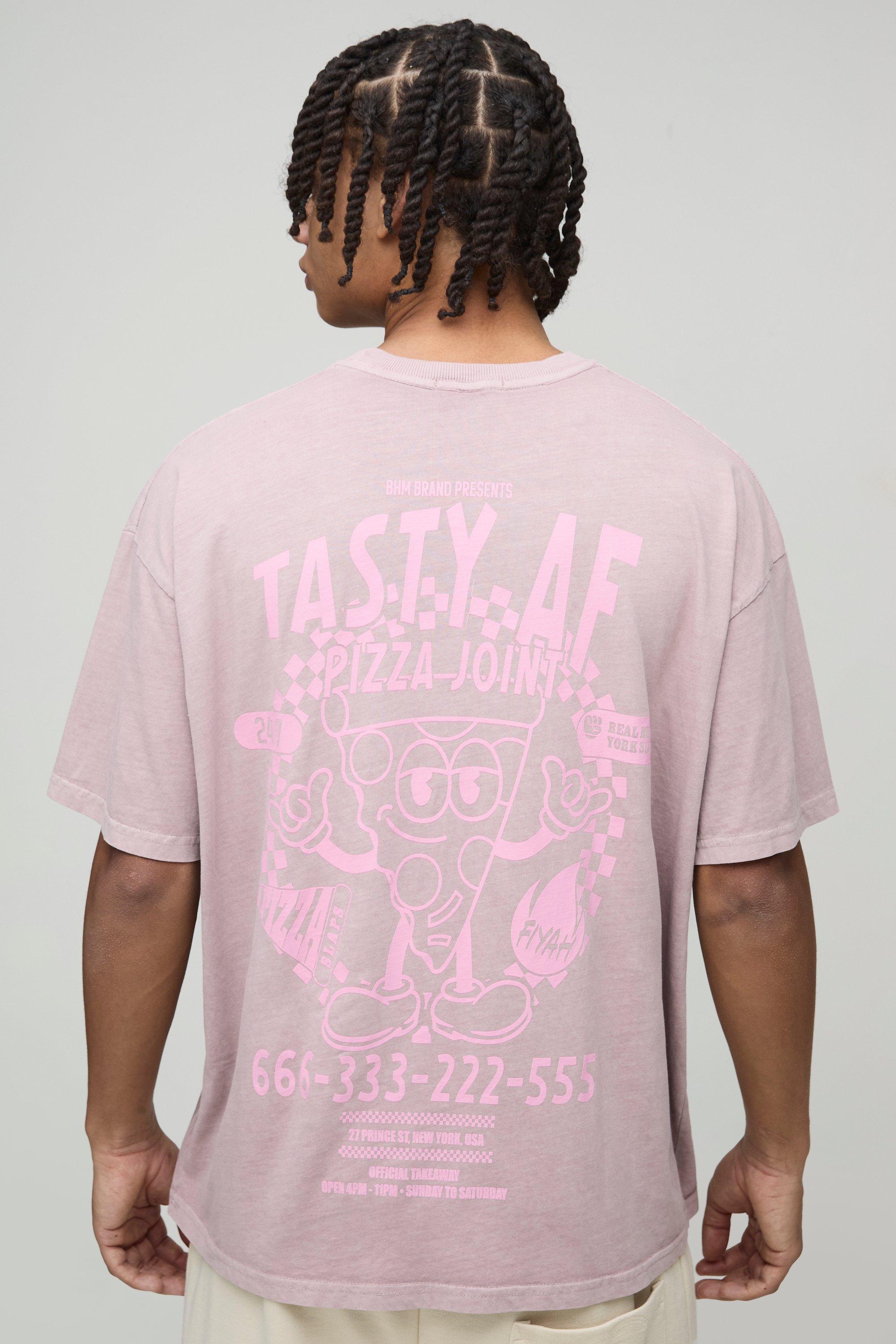 T-shirt oversize slavata Tasty AF con grafica di cartone, Beige