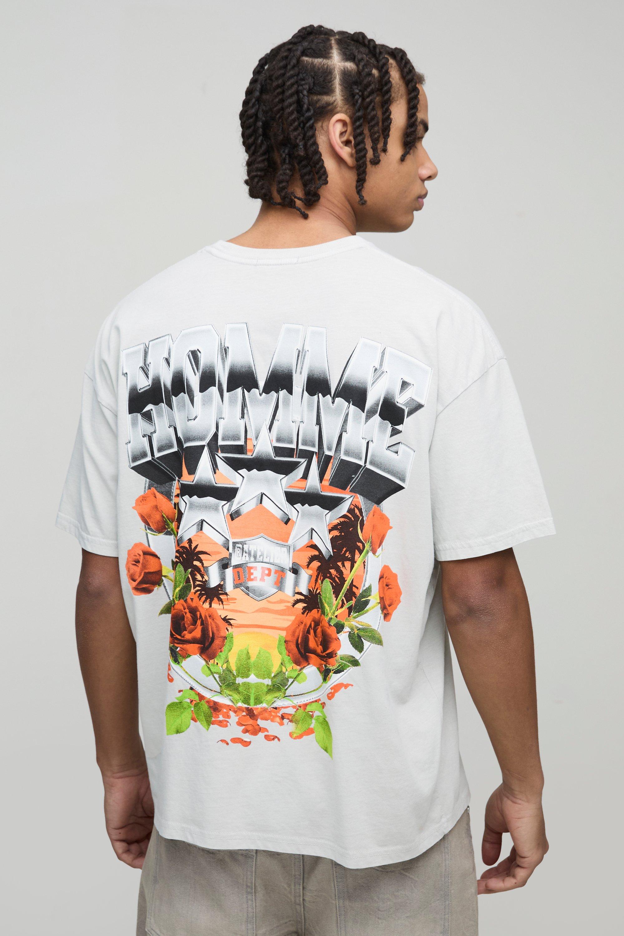 T-shirt oversize slavata stile college con stelle Homme, Beige