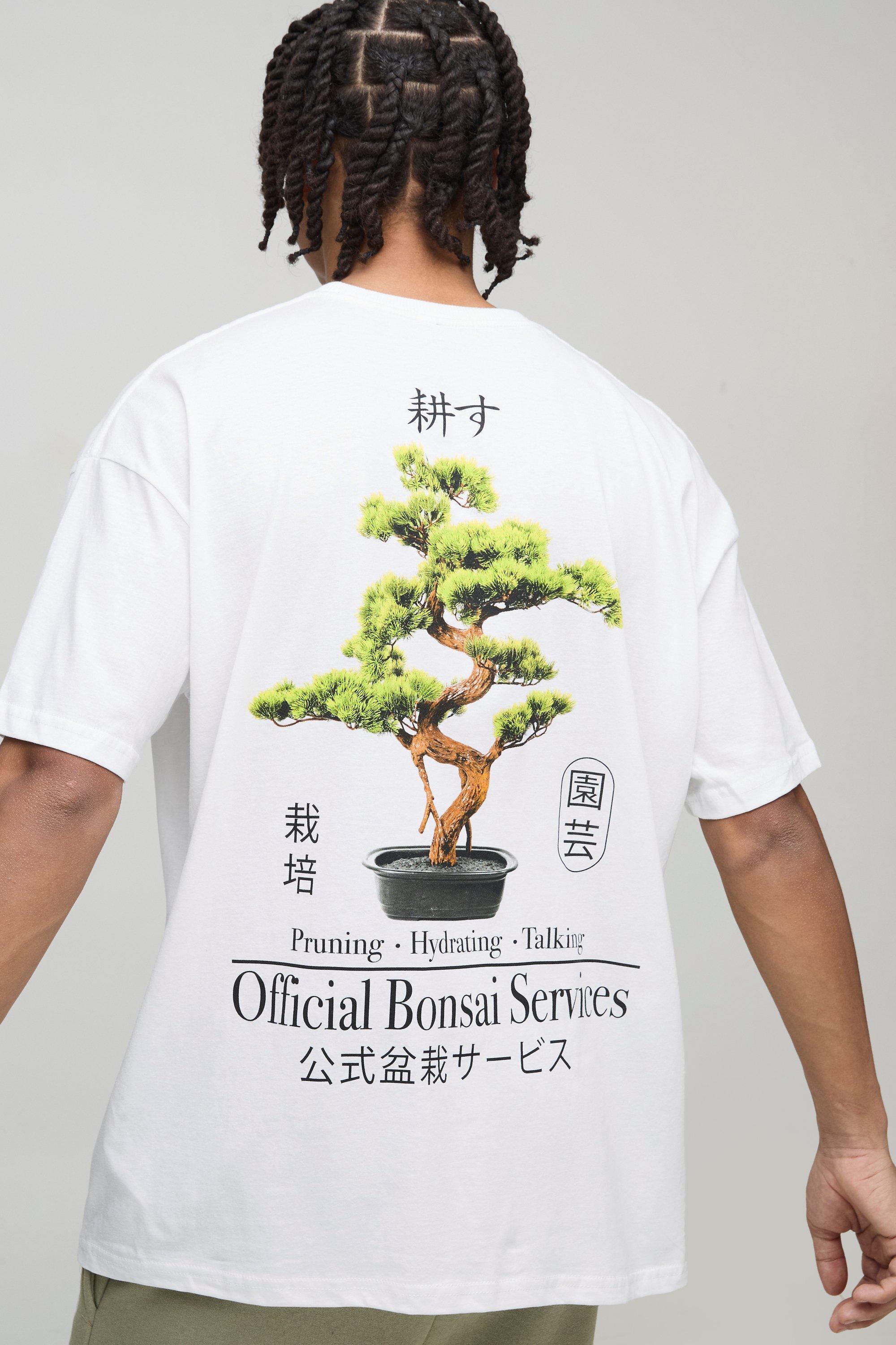 Mens White Oversized Bonsai Tree Graphic T-Shirt, White