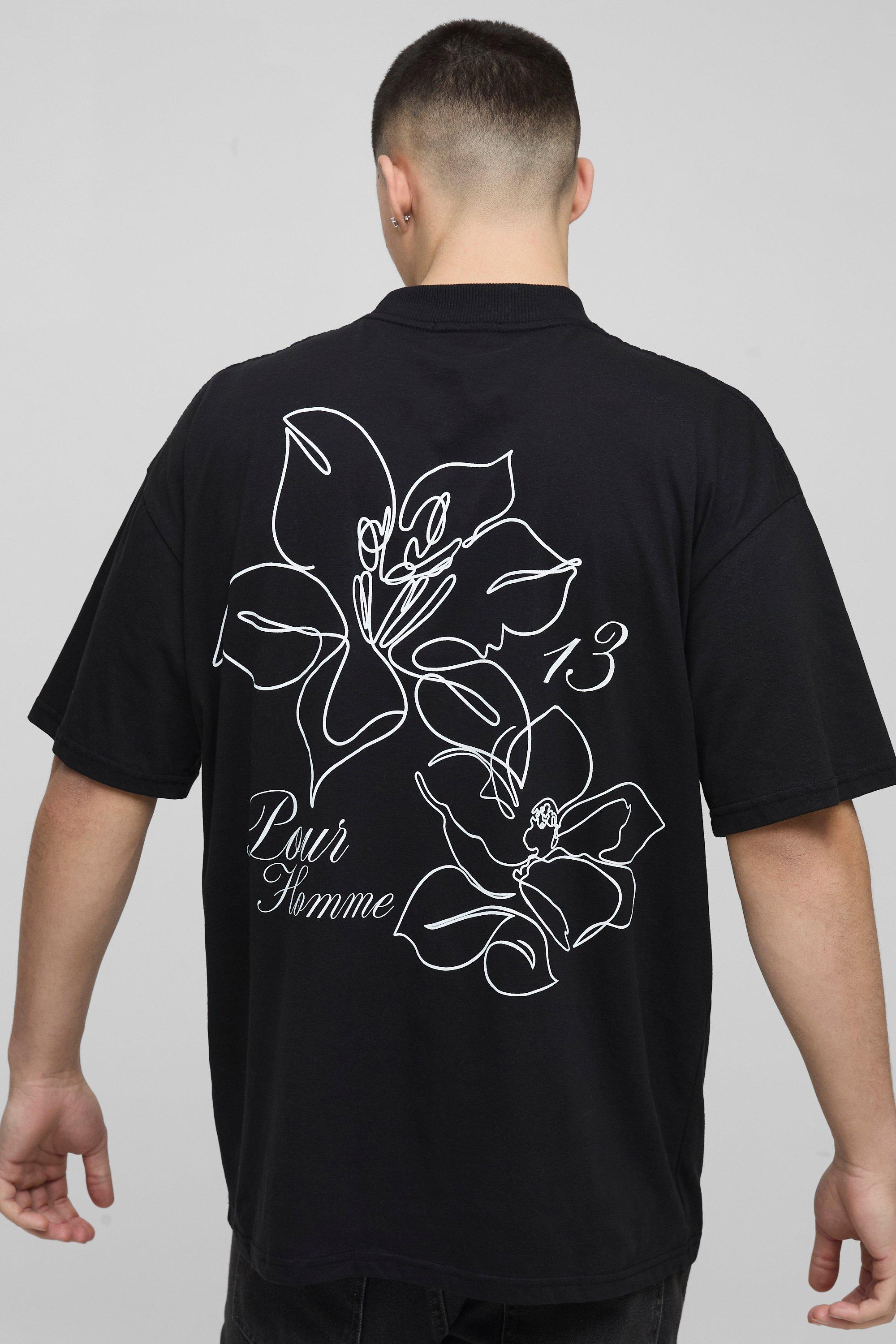 T-shirt oversize con stampa a fiori e girocollo esteso, Nero