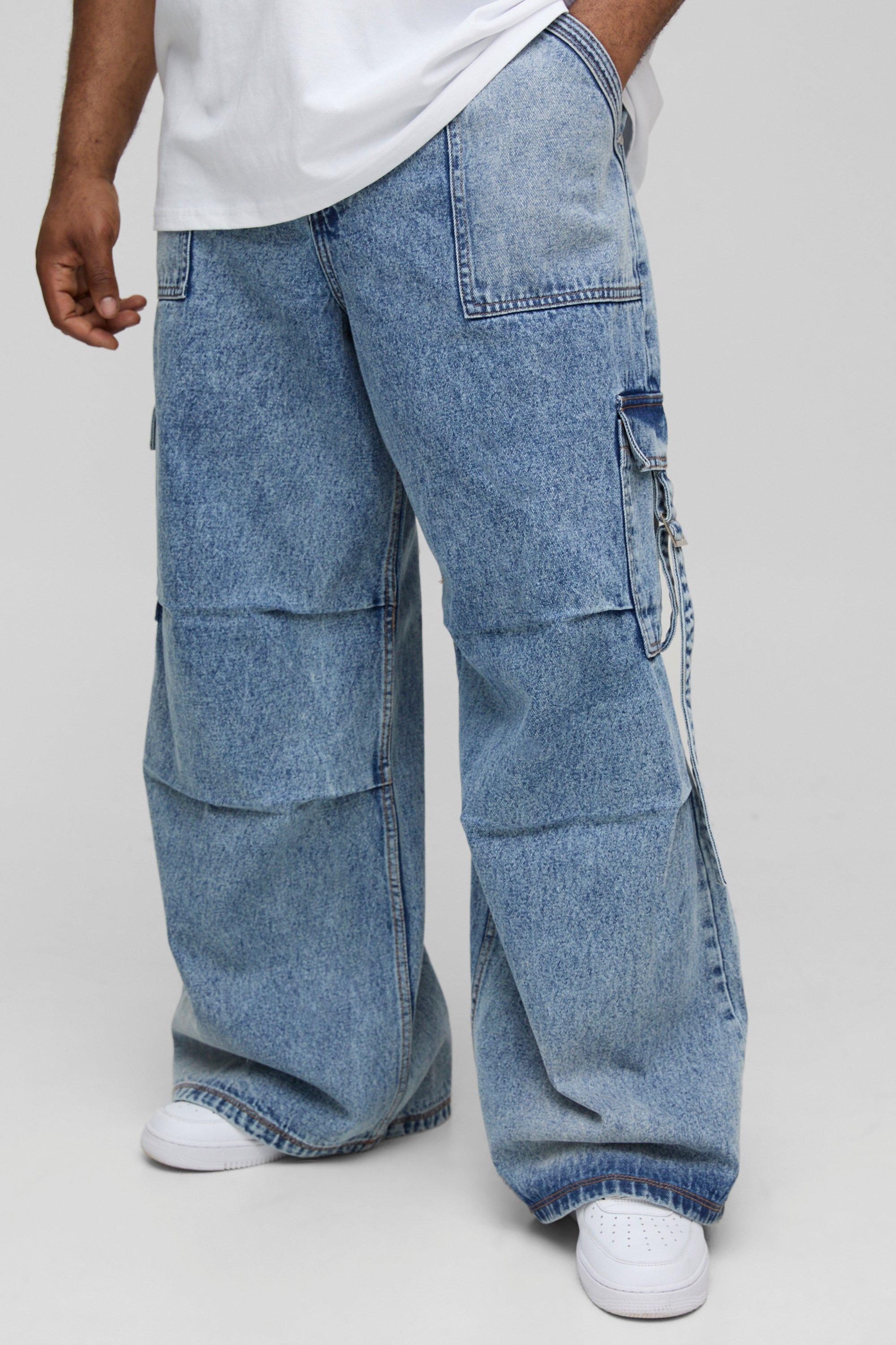 Boohoo Plus Geplooide Parachute Cargo Jeans, Mid Wash