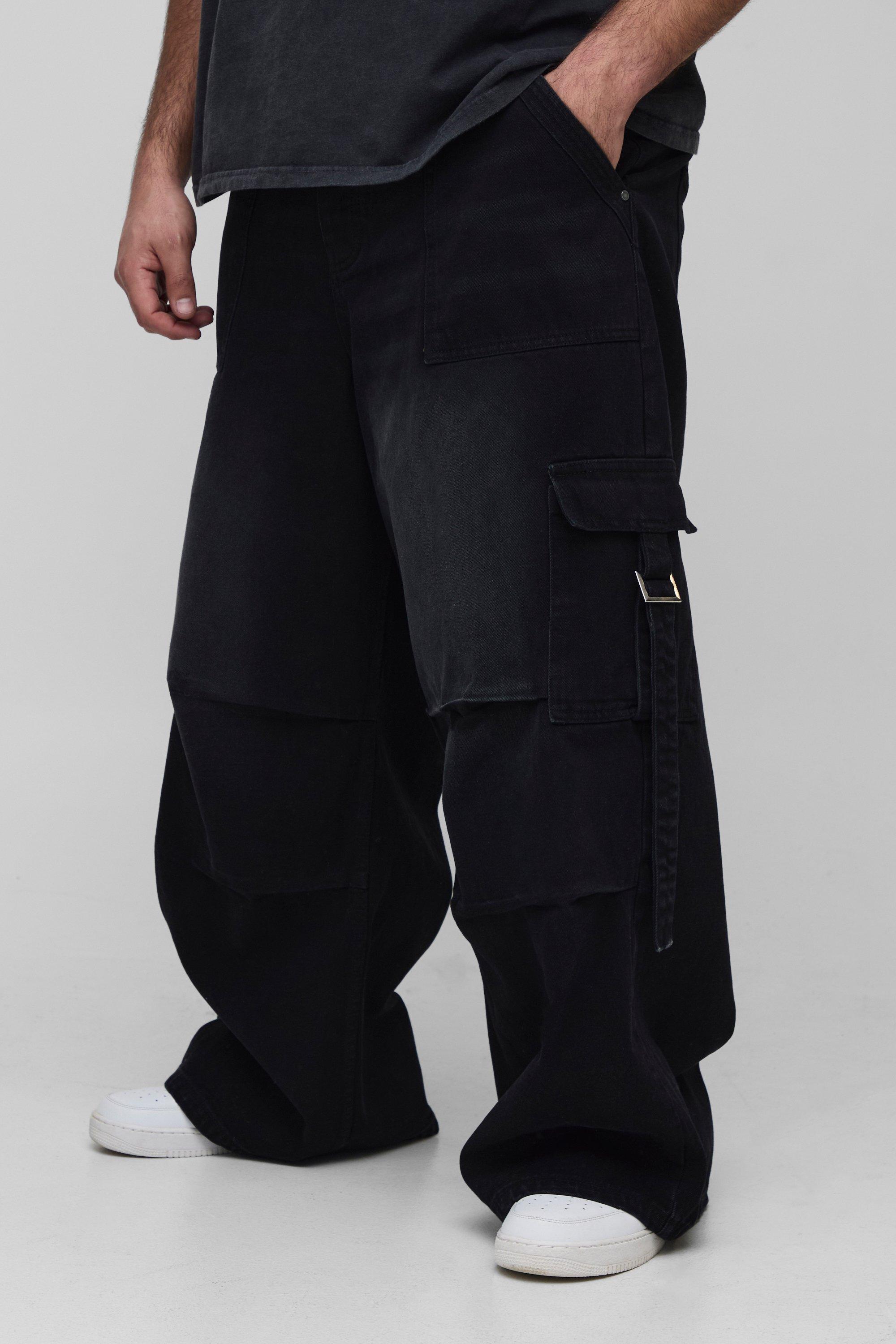 Boohoo Plus Geplooide Parachute Cargo Jeans, Washed Black