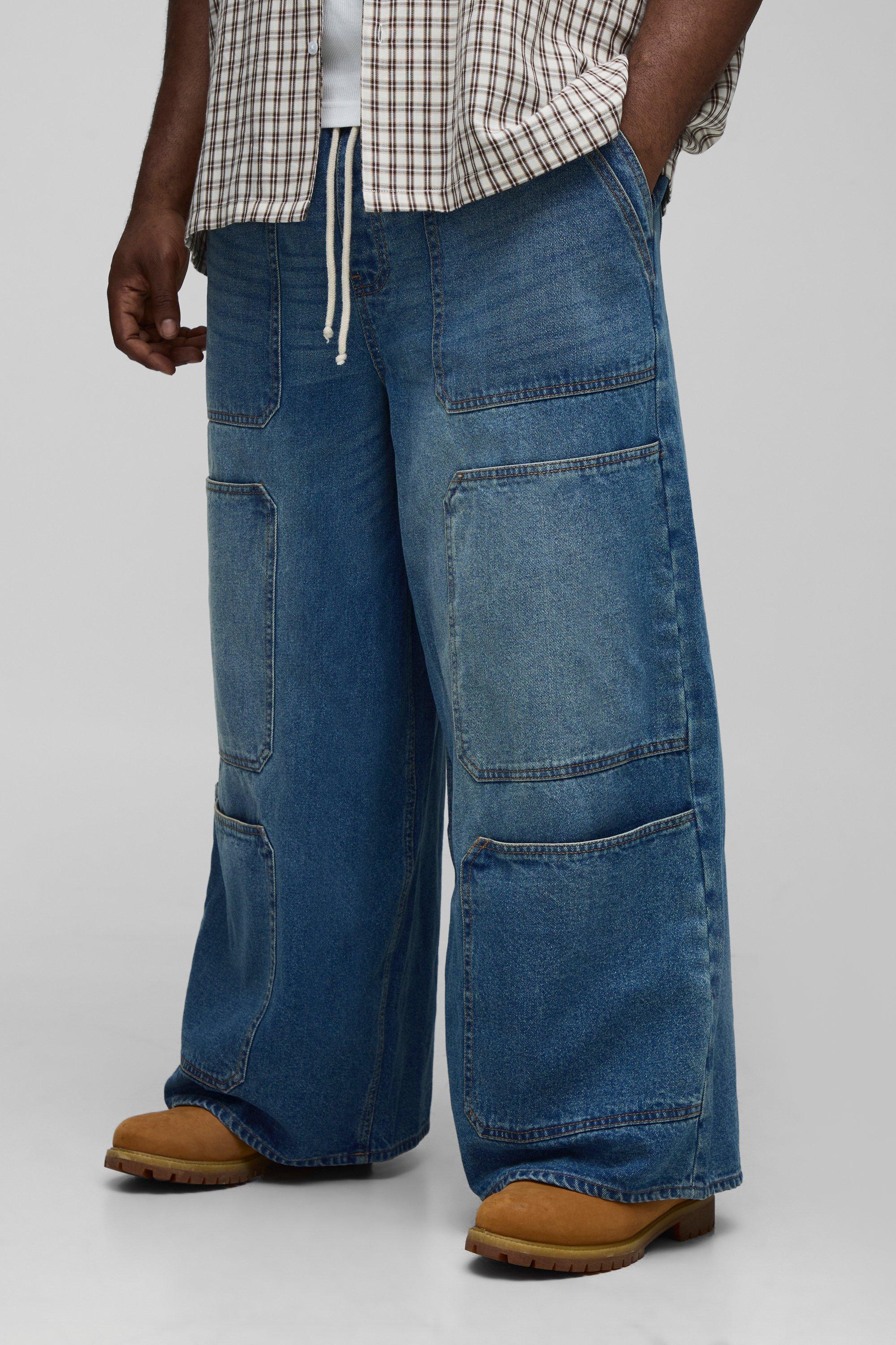 Boohoo Plus Super Baggy Cargo Jeans Met Contrasterende Stiksels En Elastische Taille, Mid Wash