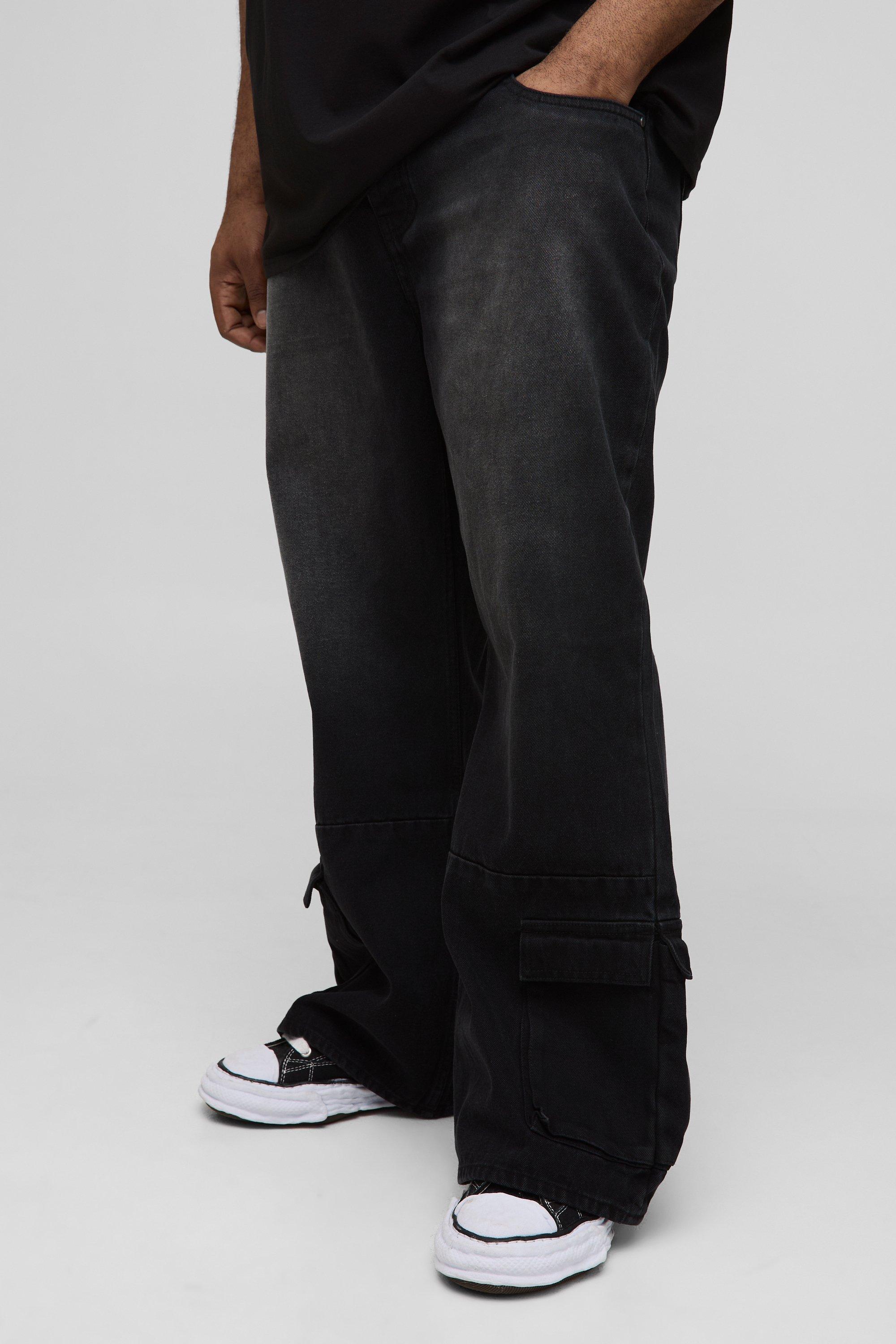 Boohoo Plus Baggy Flared Cargo Jeans, Washed Black
