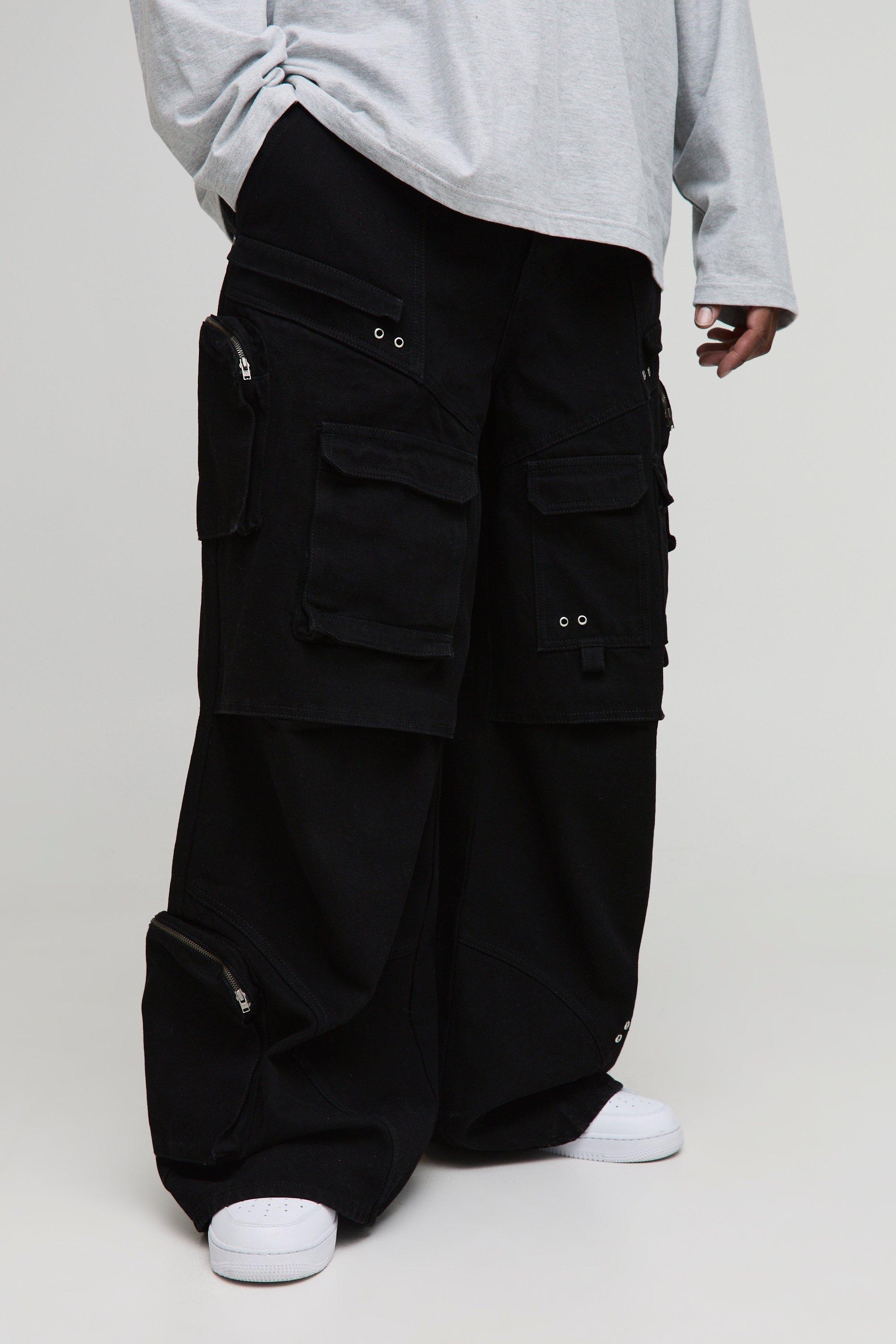 Boohoo Plus Baggy Extreme Cargo Jeans Met Metalen Ringetjes, Black