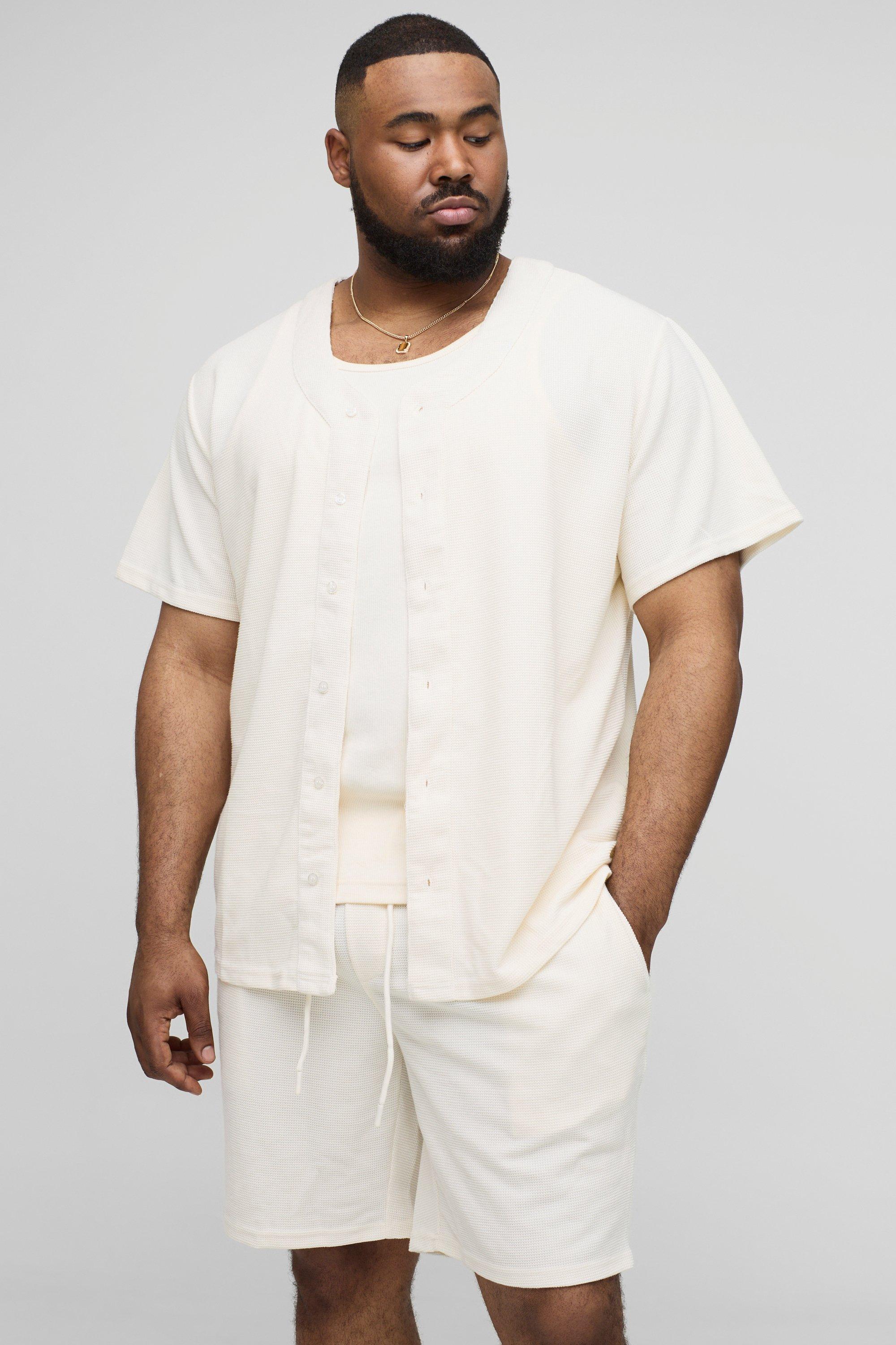Mens White Plus Waffle Regular Fit Baseball Shirt and Short Set, White