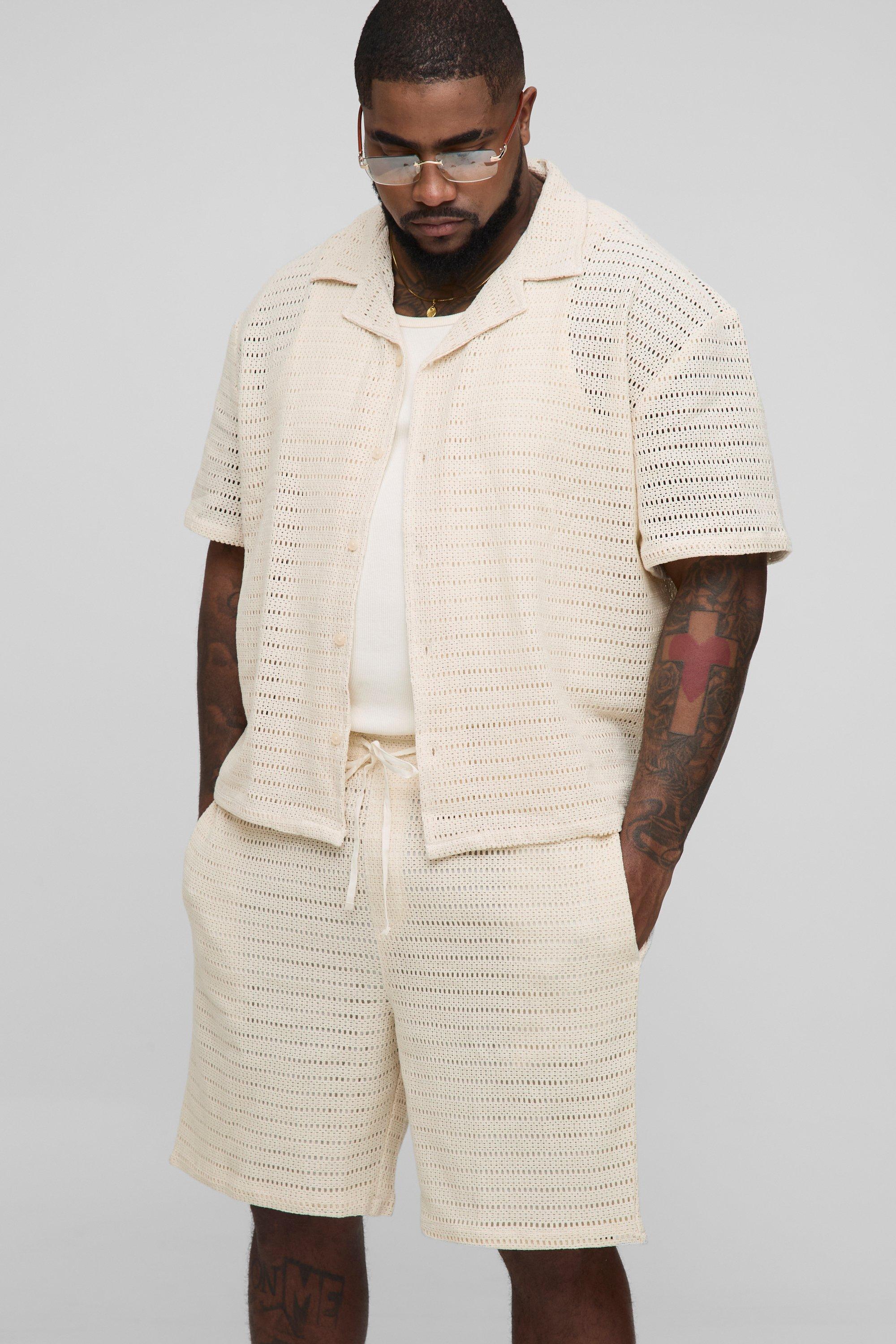 Mens Cream Plus Oversized Open Texture Boxy Revere Shirt and Short Set, Cream