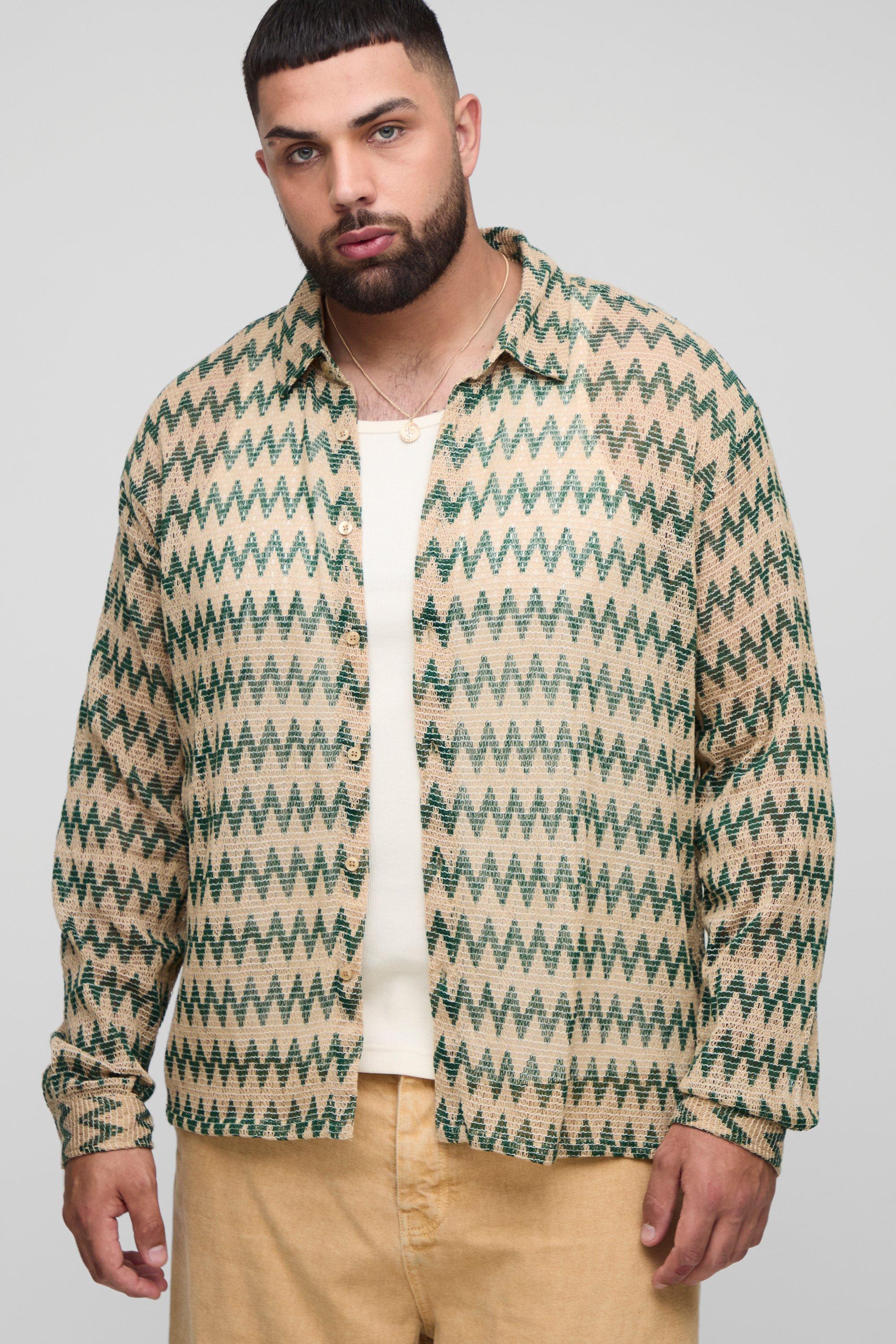 Image of Camicia Plus Size oversize all'uncinetto a maniche lunghe a zig zag con colletto, Verde