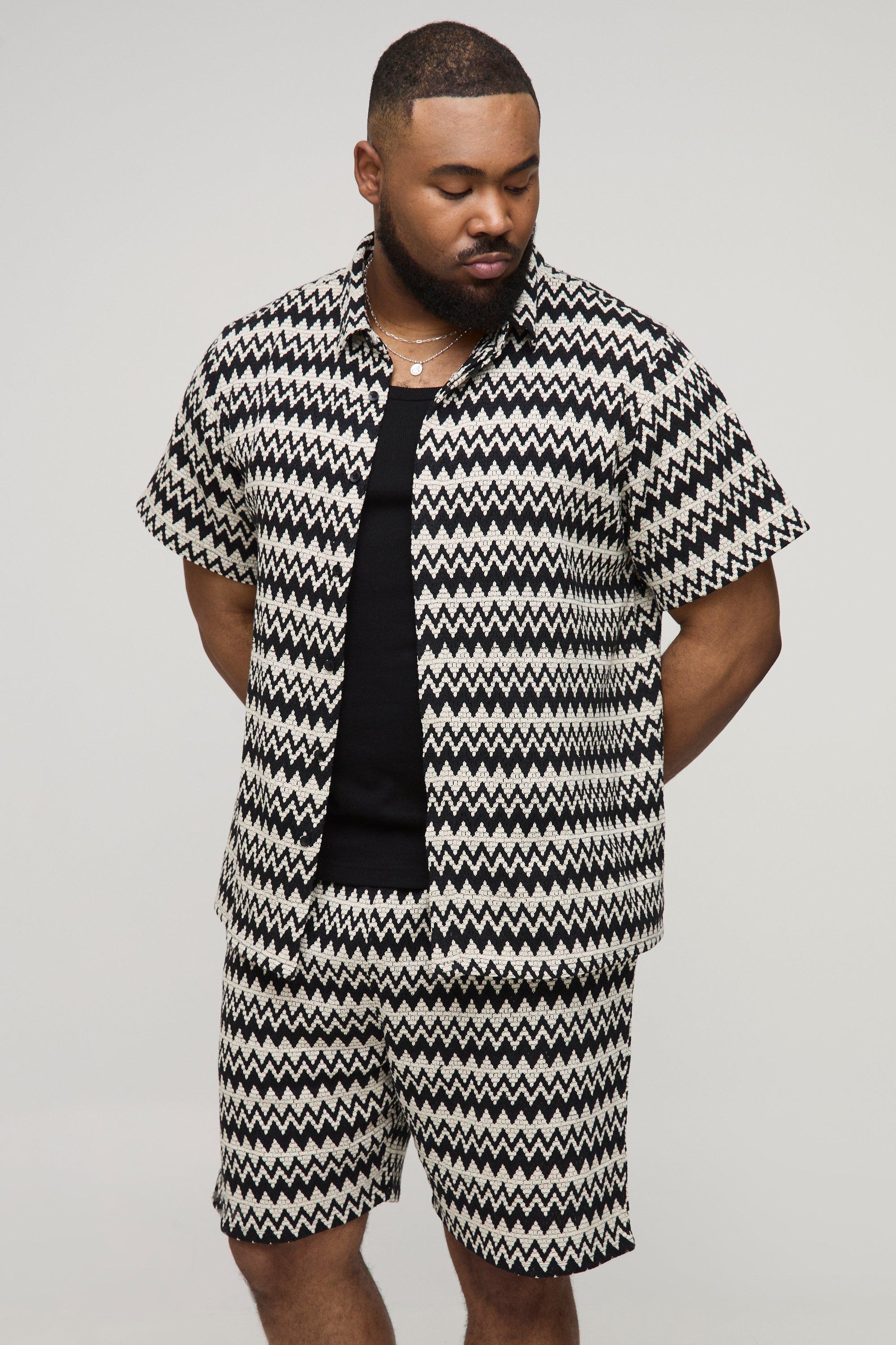 Mens Black Plus Regular Fit Crochet Open Weave Shirt & Short Set, Black