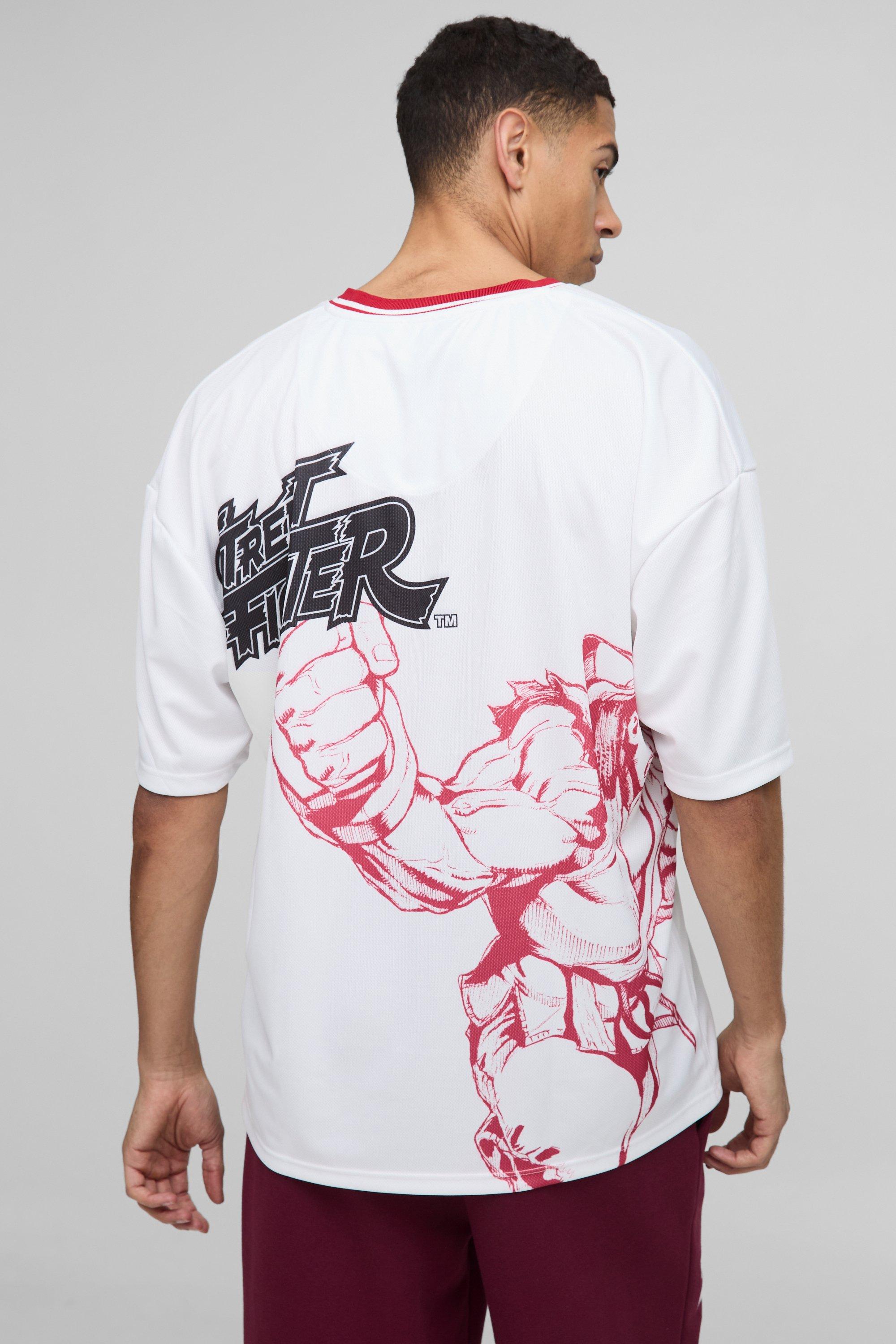 Mens White Oversized Street Fighter Arcade Mesh License Print T-Shirt, White