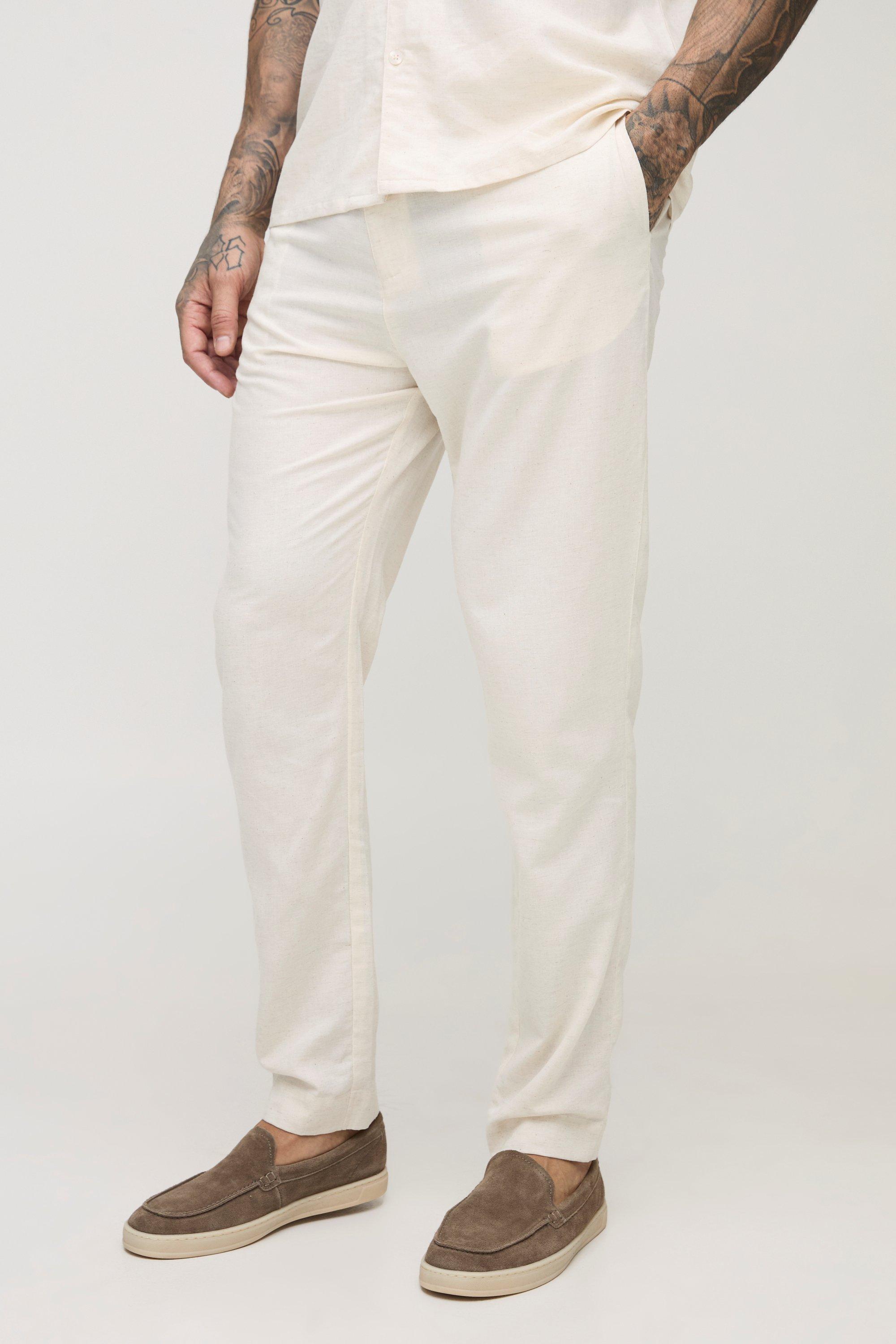 Mens Beige Tall Linen Blend Tailored Tapered Trousers, Beige