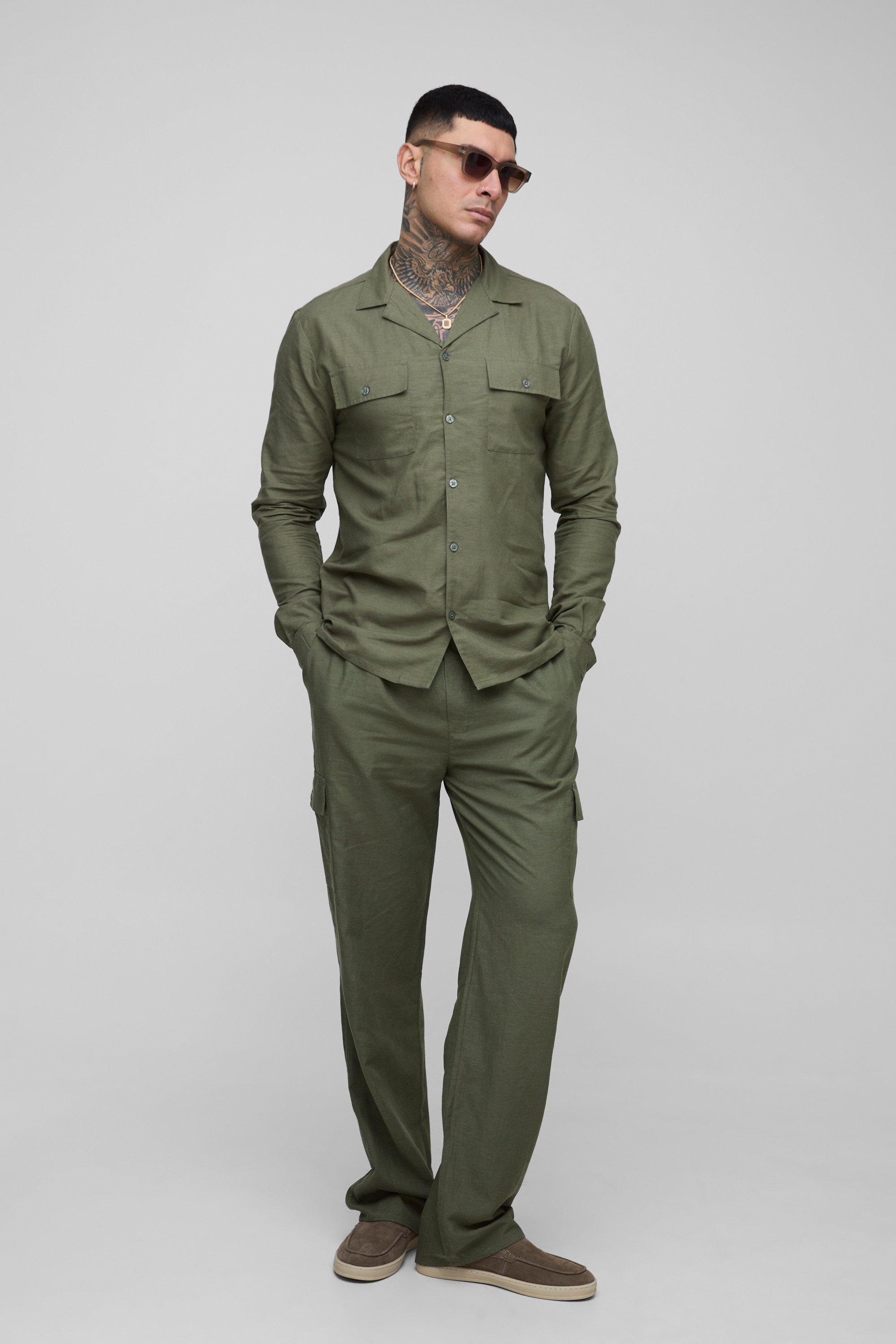 Mens Green Tall Regular Linen Cargo Shirt & Relaxed Trouser Set, Green