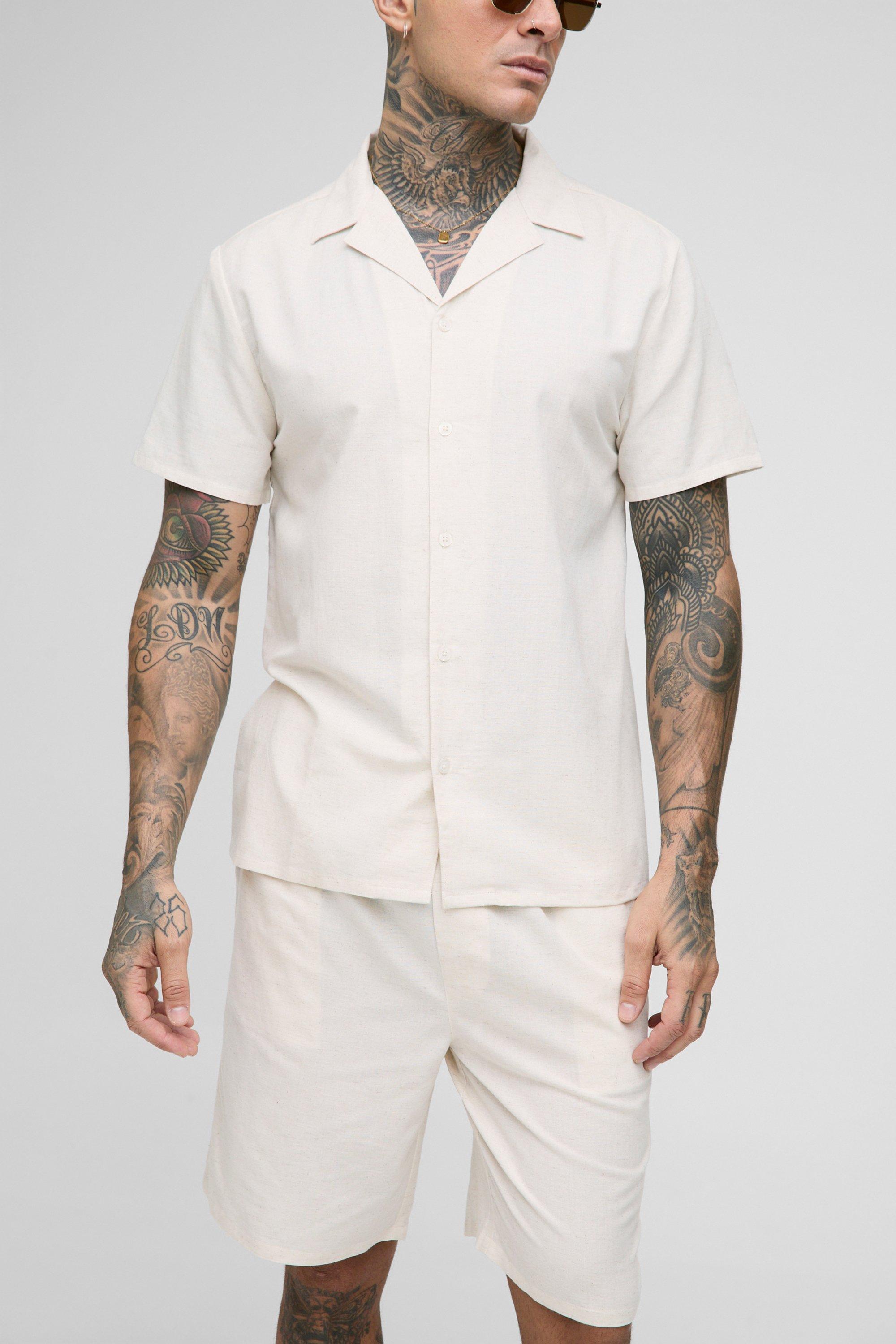 Mens Beige Tall Regular Linen Shirt & Short Set, Beige