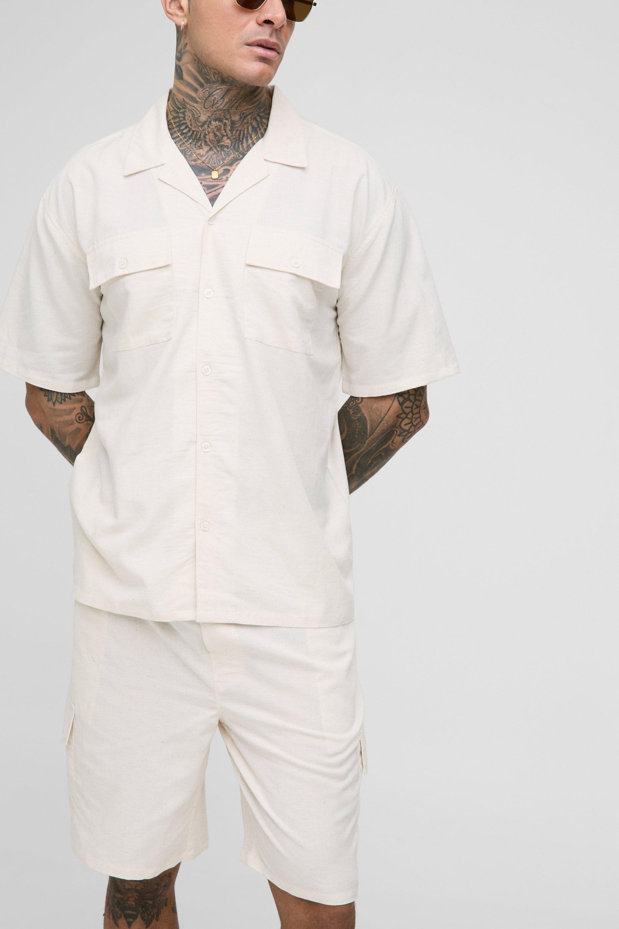 Set Tall camicia oversize a maniche corte in lino stile Cargo & pantaloncini, Beige