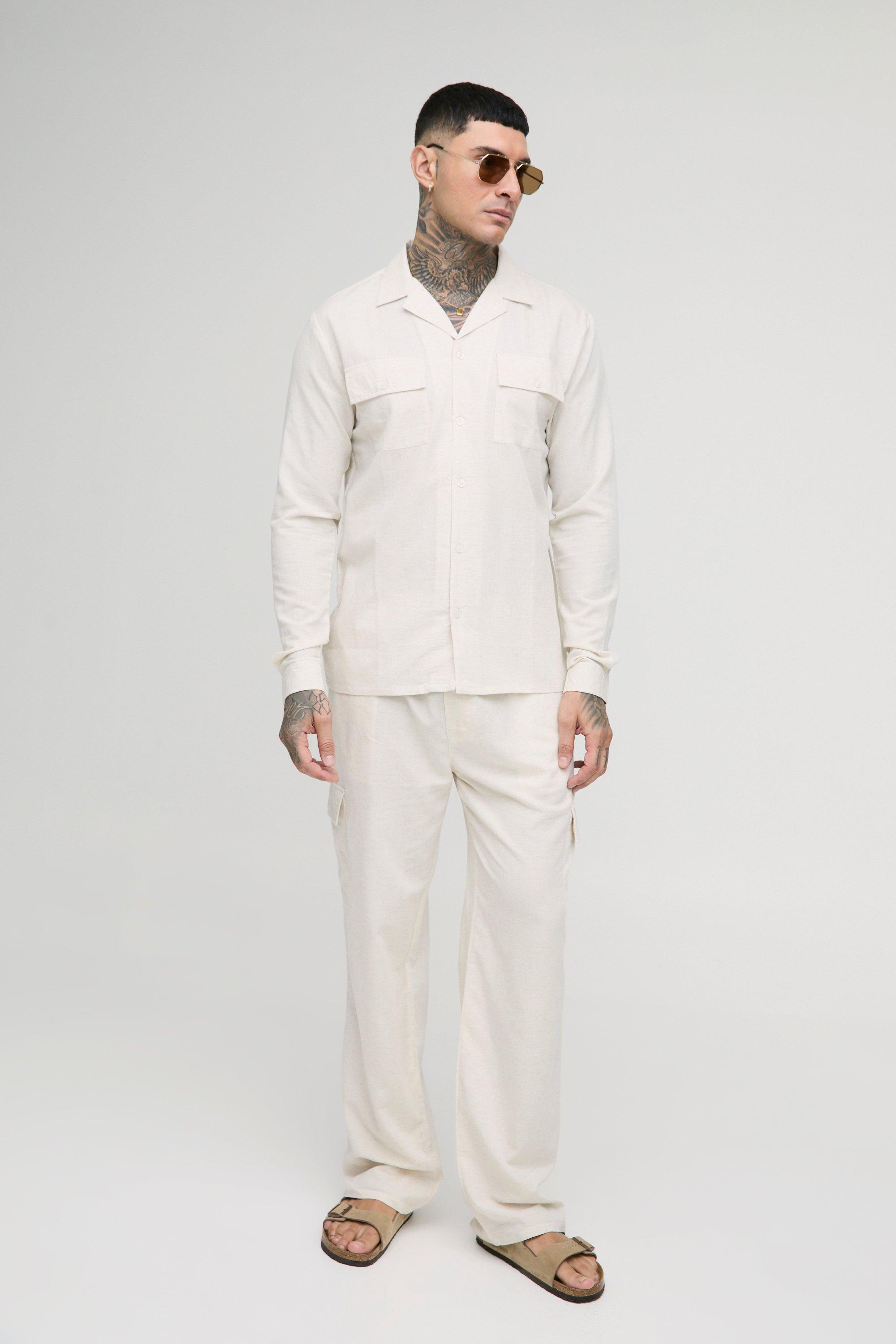Mens Beige Tall Regular Linen Cargo Shirt & Trouser Set, Beige