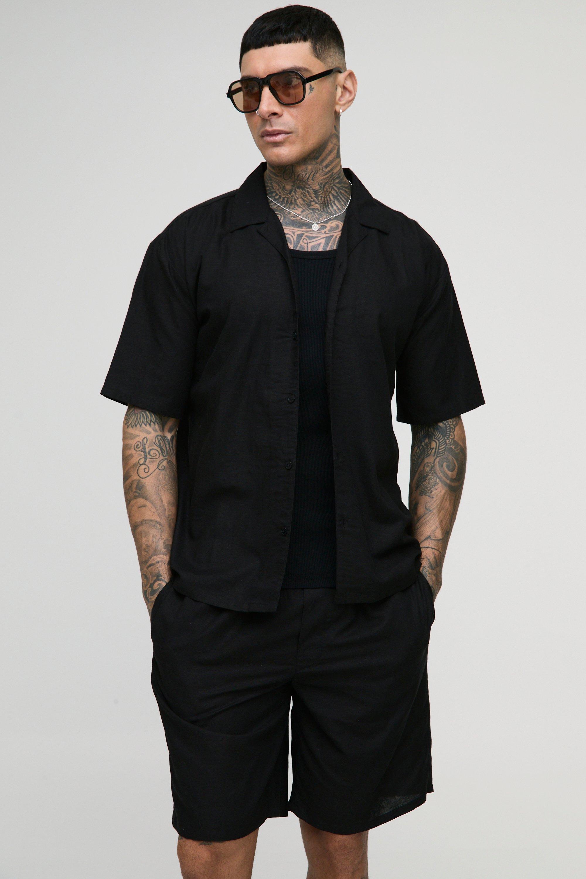 Image of Set Tall camicia oversize a maniche corte in lino & pantaloncini, Nero