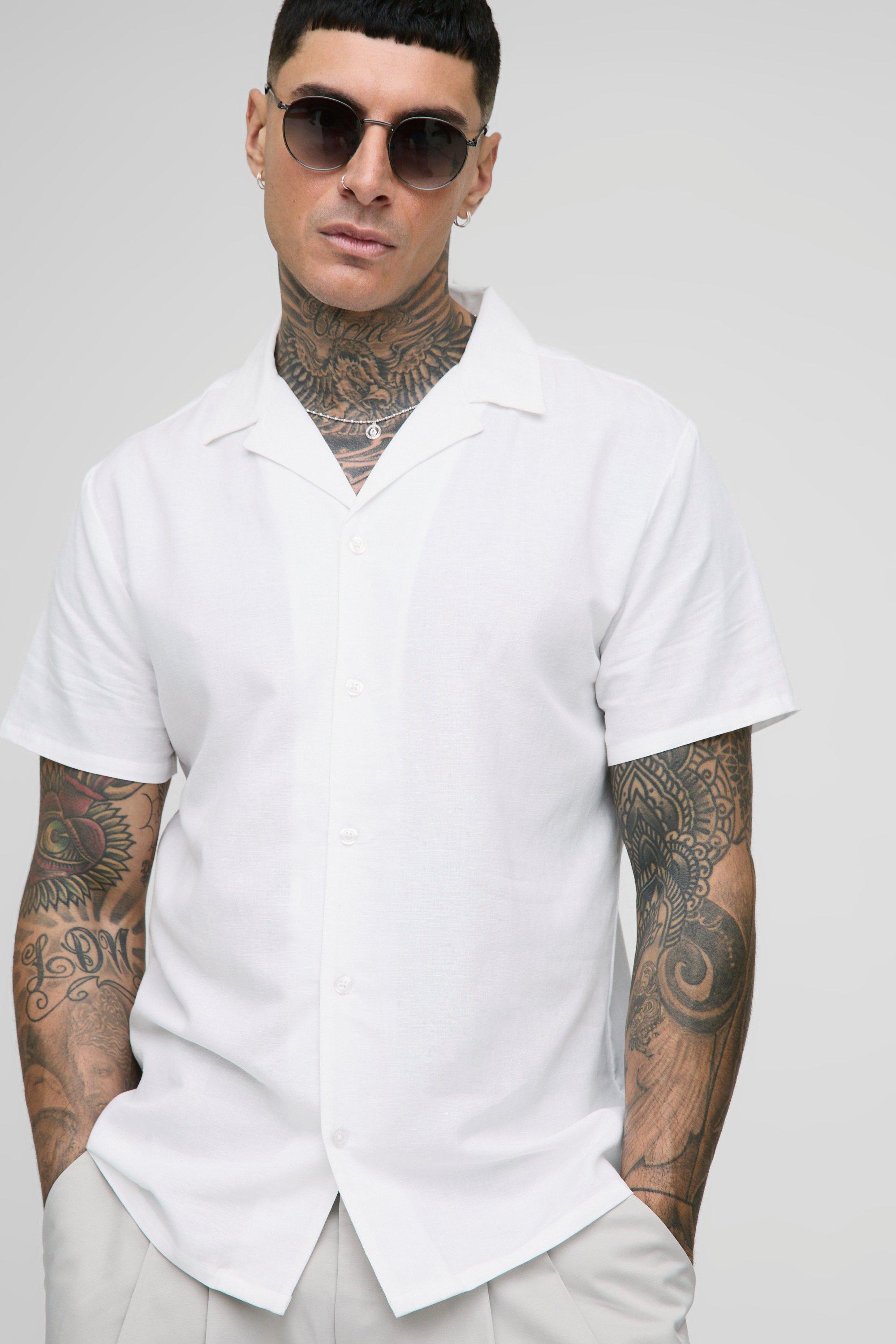 Mens White Tall Regular Fit Short Sleeve Linen Shirt, White