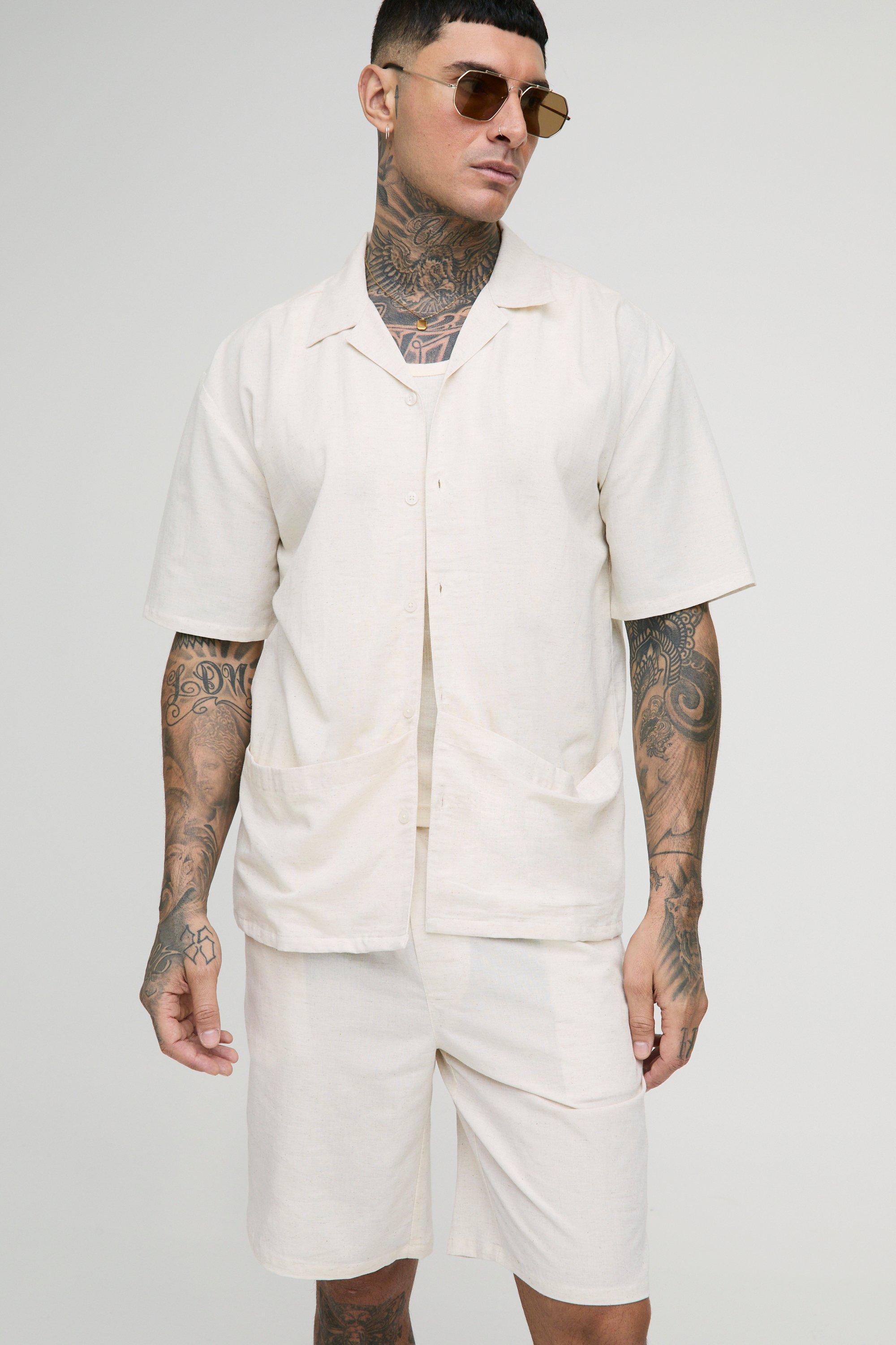 Mens Cream Tall Oversized Linen Deep Pocket Shirt & Short Set, Cream