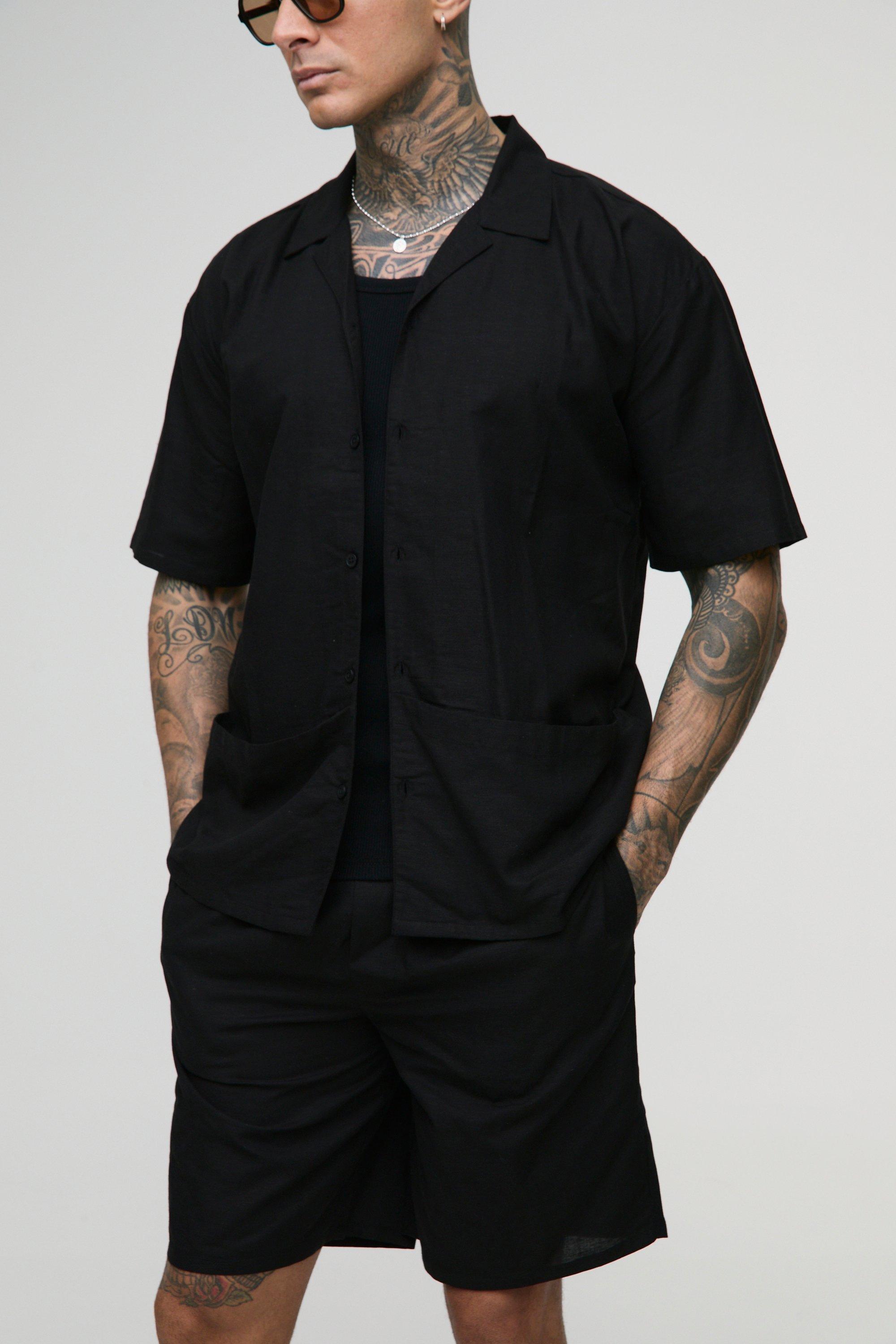 Image of Set Tall camicia oversize in lino con tasche profonde & pantaloncini, Nero