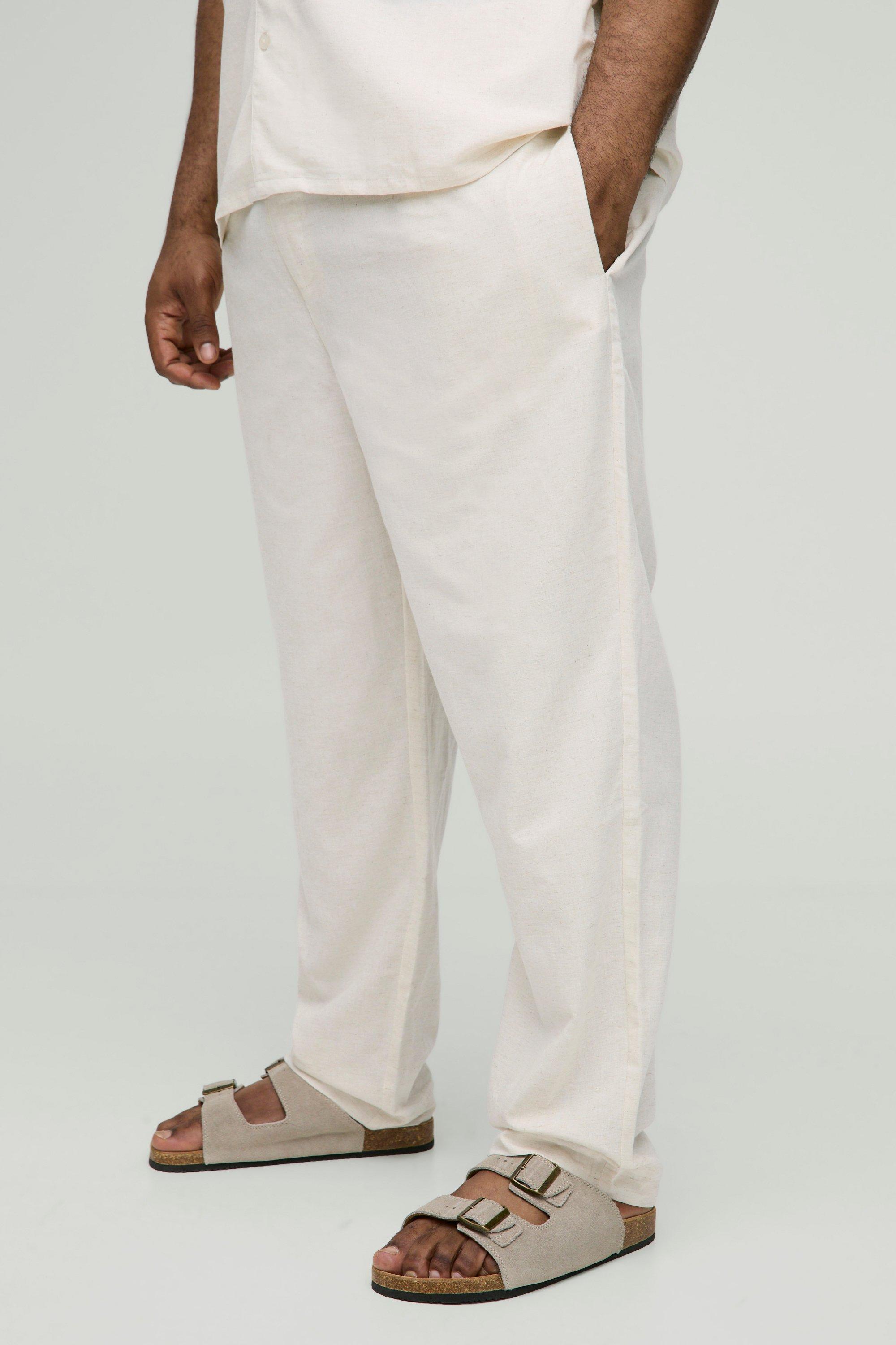 Mens Beige Plus Linen Blend Tailored Tapered Trousers, Beige