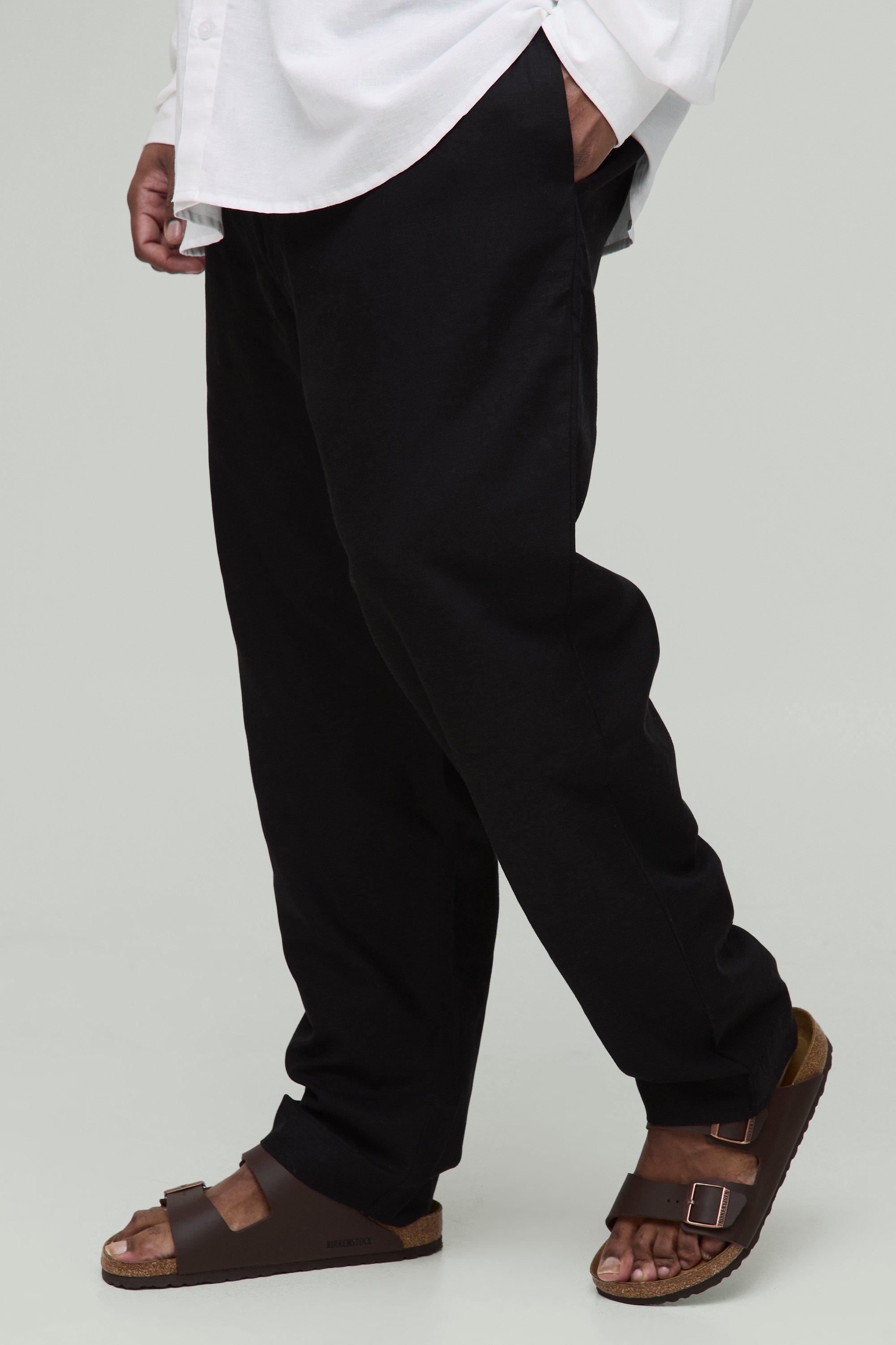 Mens Black Plus Linen Blend Tailored Tapered Trousers, Black