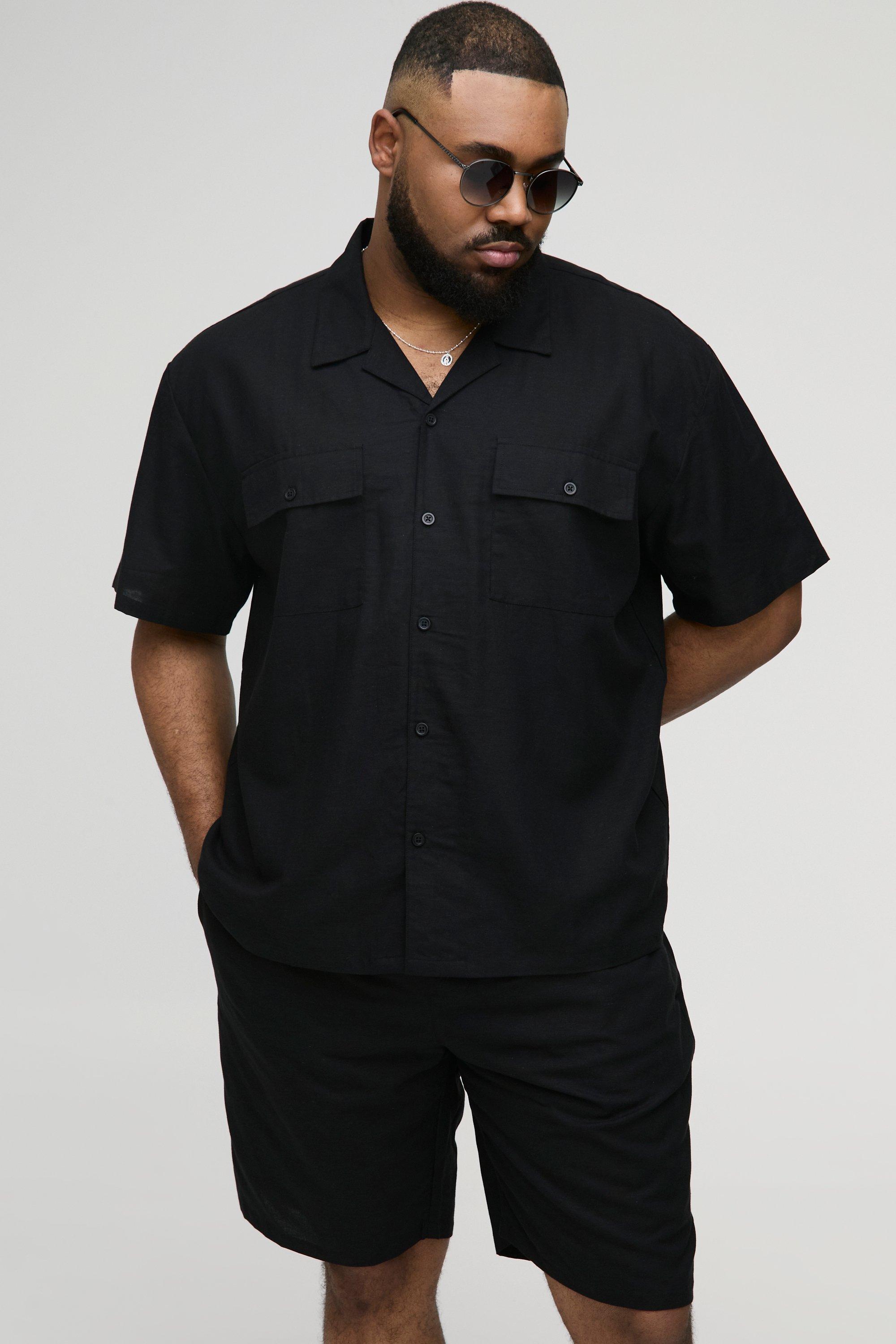 Set Plus Size camicia Cargo oversize a maniche corte in lino & pantaloncini, Nero