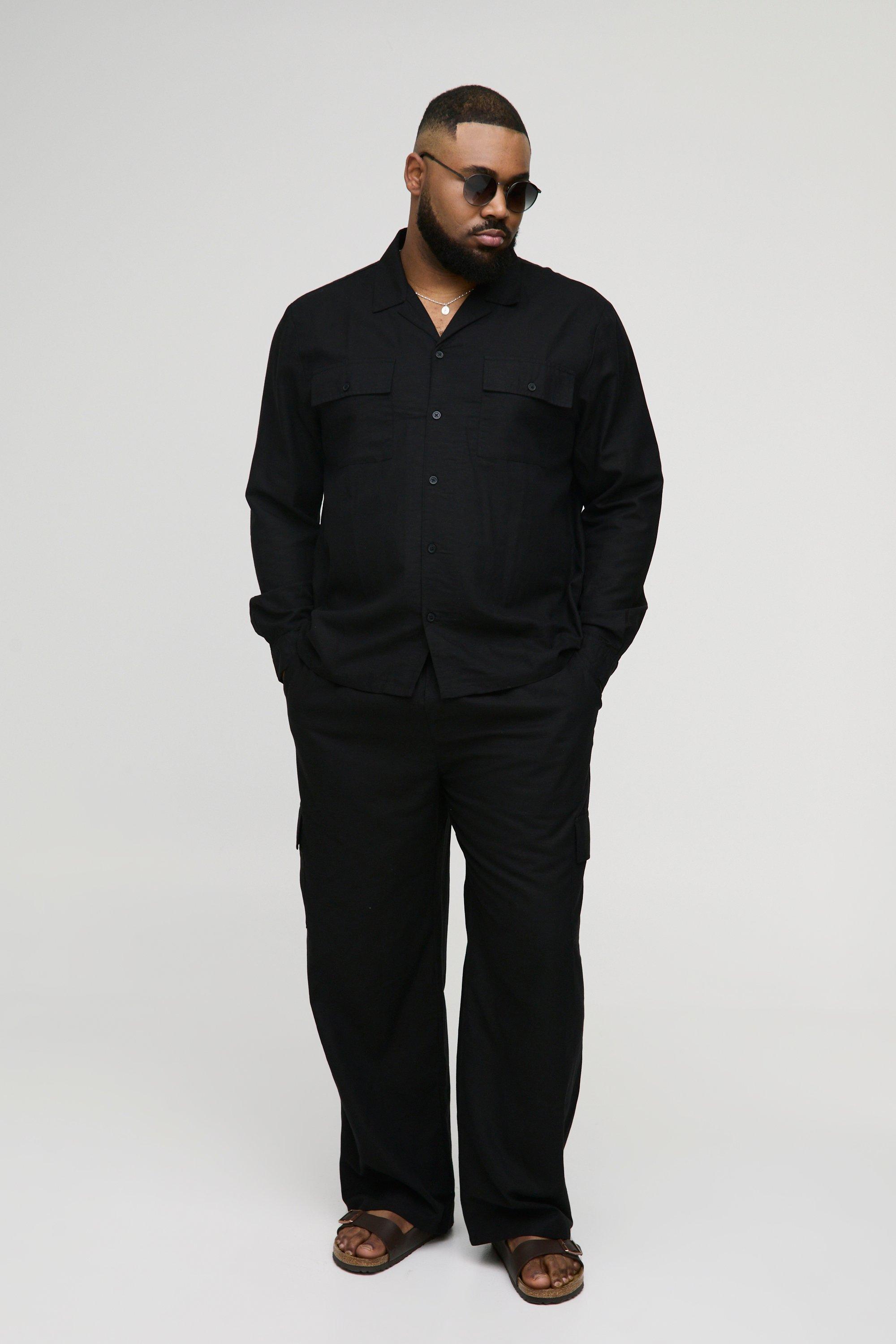Set Plus Size camicia Cargo Regular Fit in lino & pantaloni, Nero