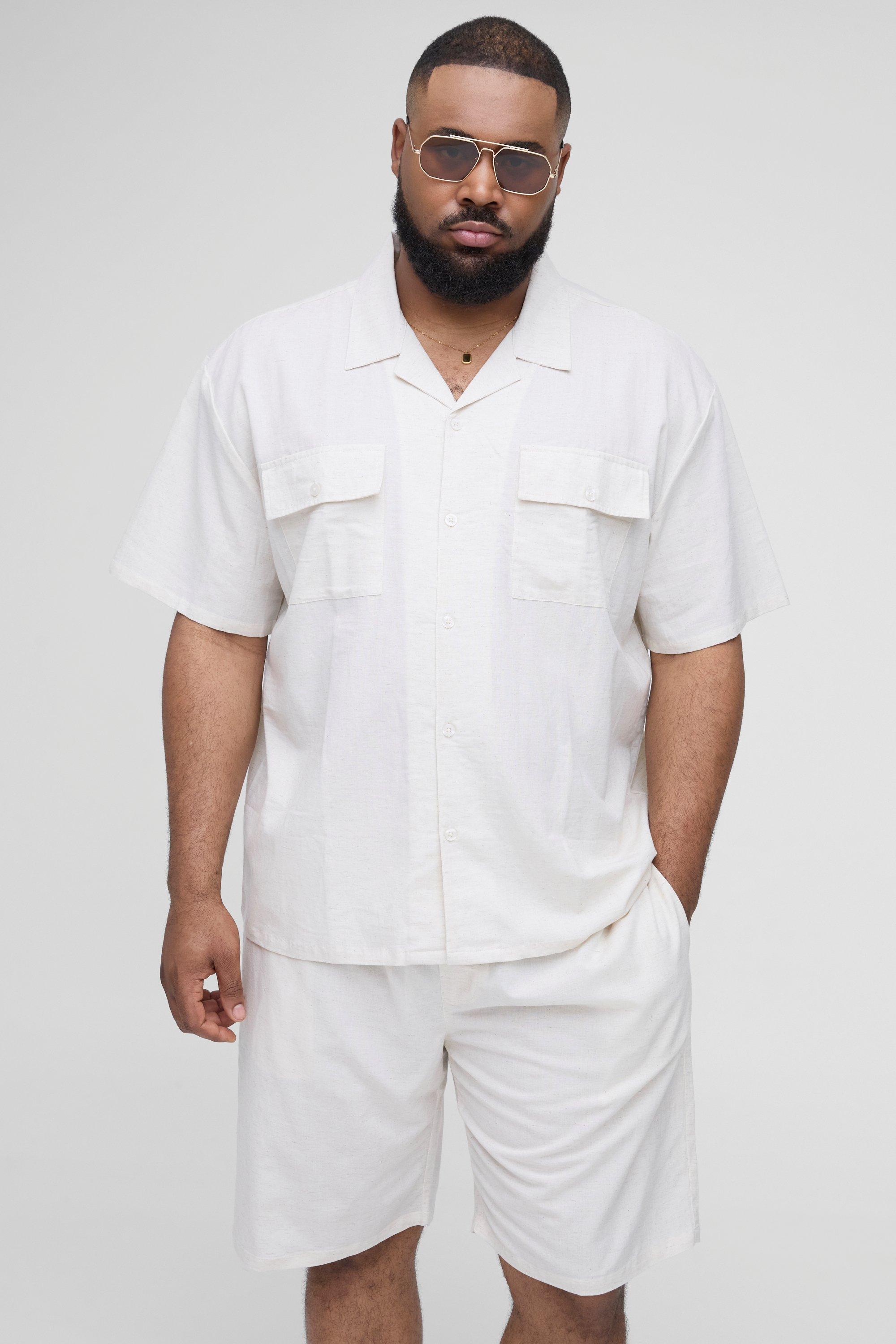 Set Plus Size camicia Cargo oversize a maniche corte in lino & pantaloncini, Beige