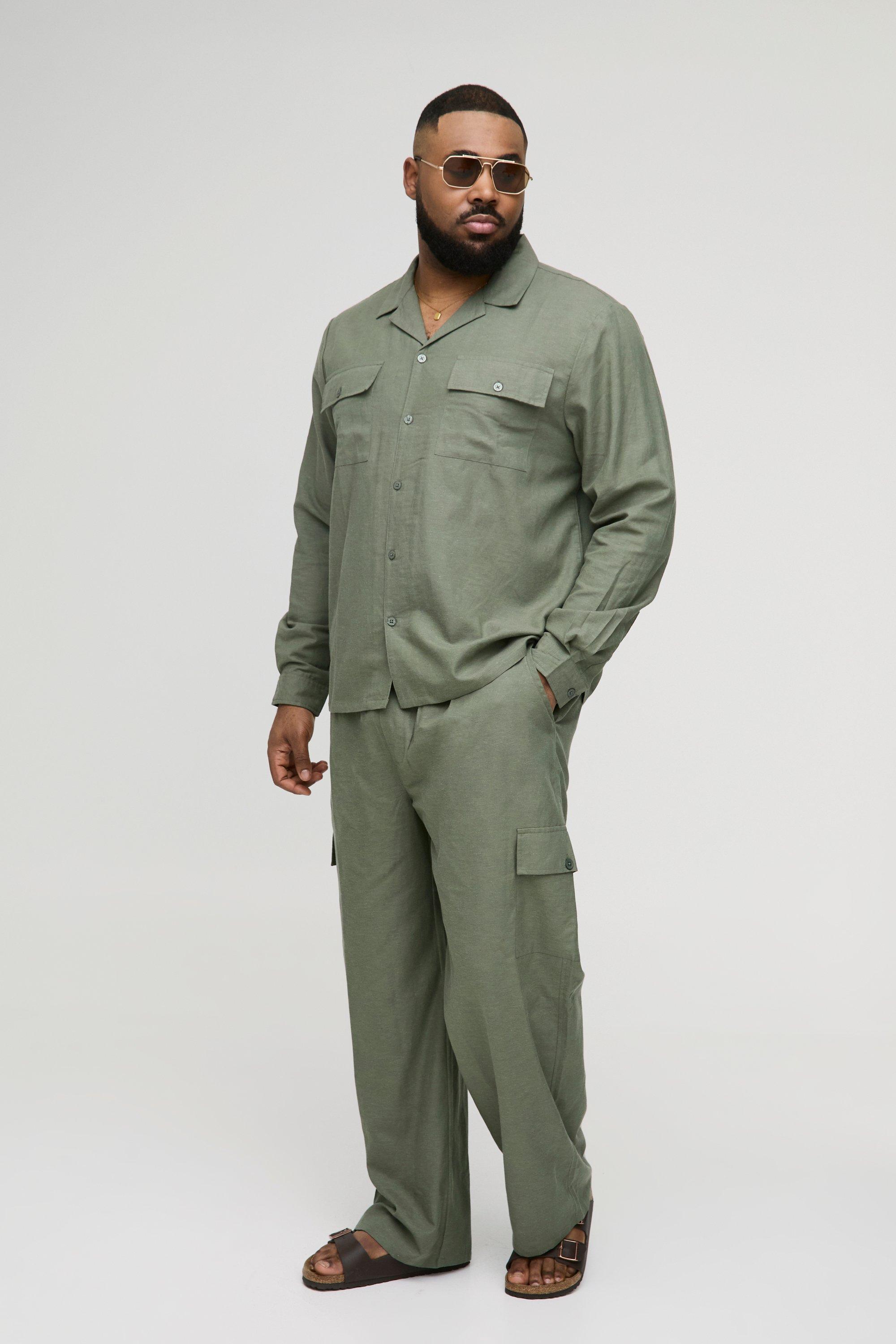 Mens Green Plus Regular Linen Cargo Shirt & Trouser Set, Green