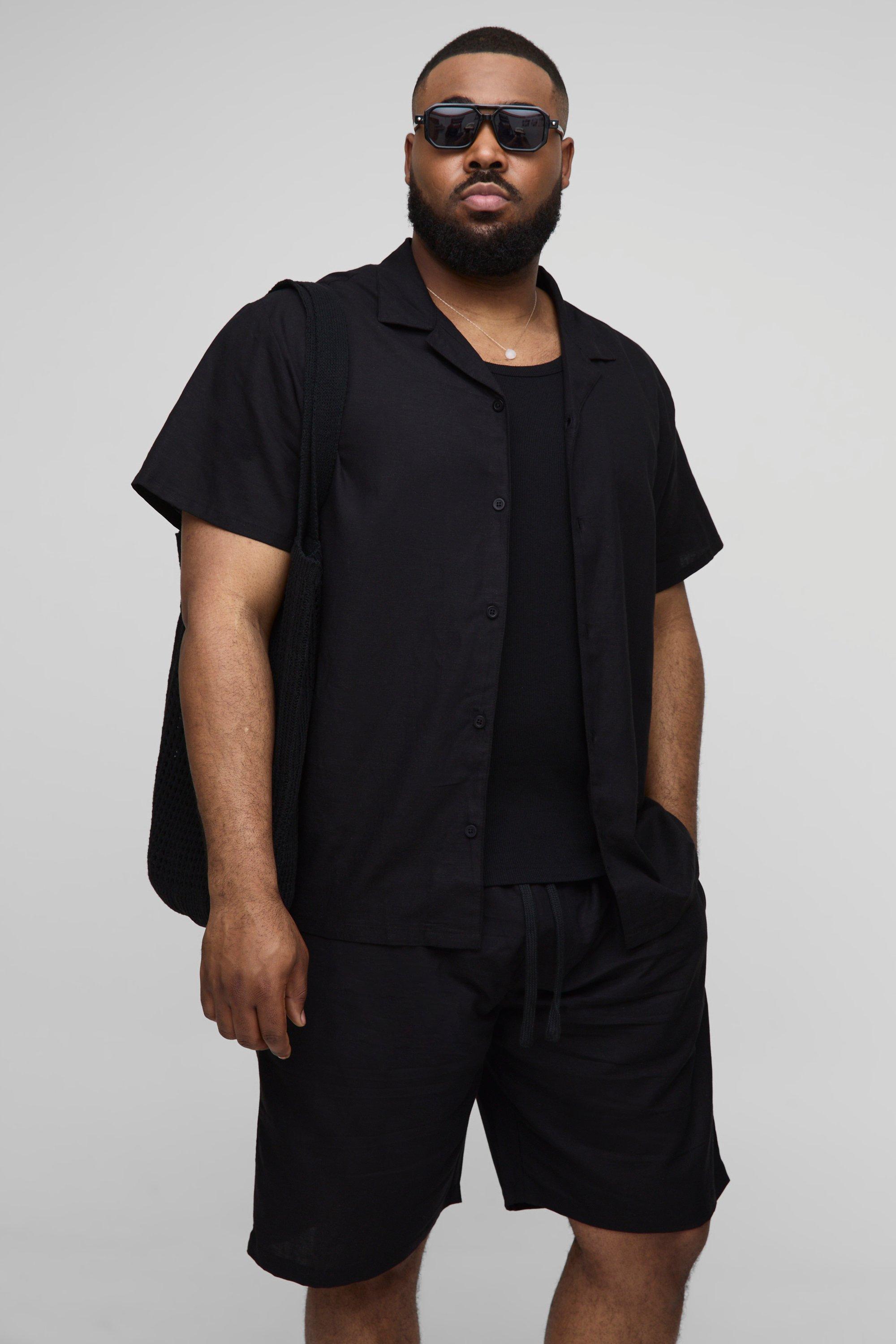 Set Plus Size camicia oversize a maniche corte in lino & pantaloncini, Nero