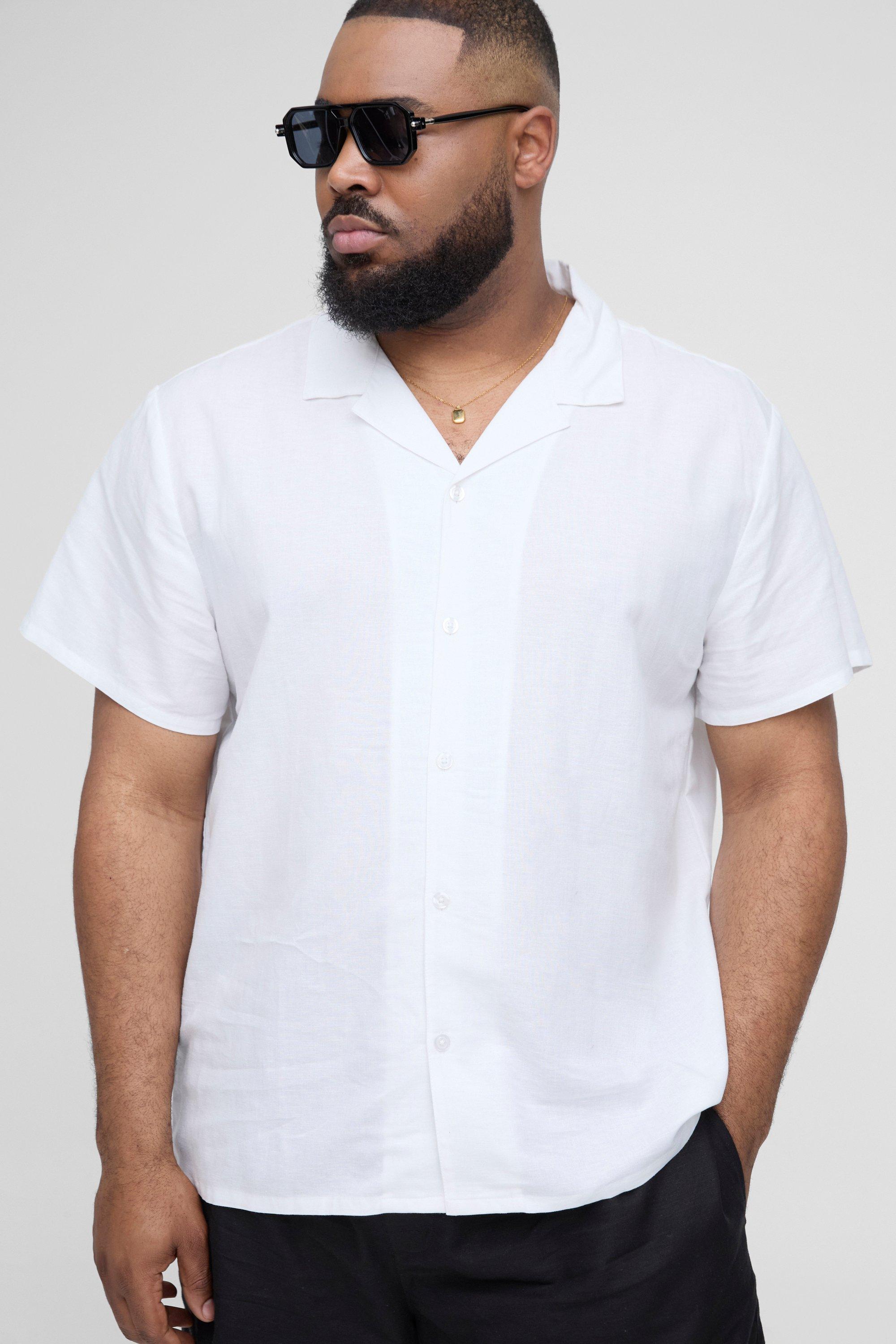 Camicia Plus Size Regular Fit a maniche corte in lino, Bianco