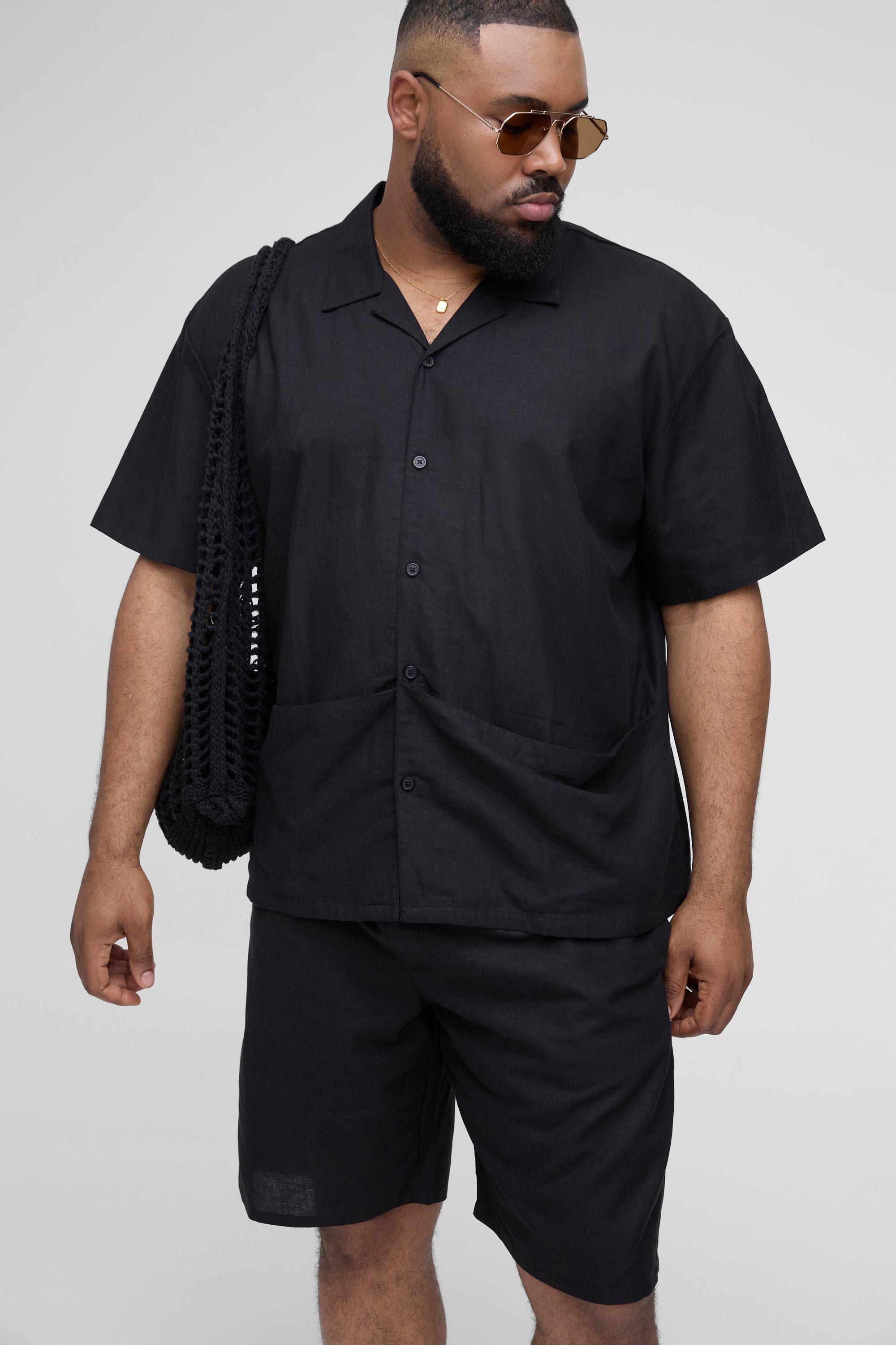 Mens Black Plus Oversized Linen Deep Pocket Shirt & Short Set, Black