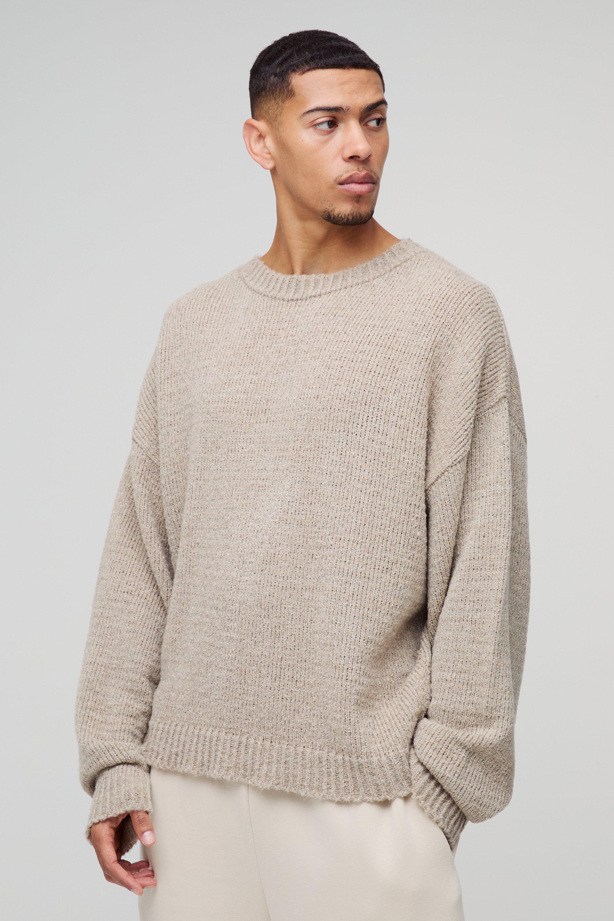 Mens Beige Oversized Boucle Knitted Jumper, Beige