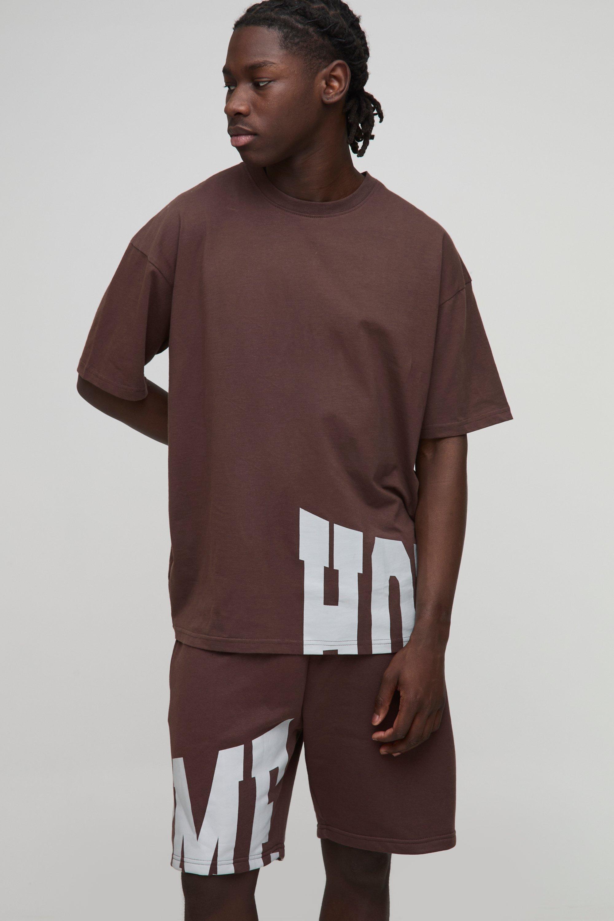 Mens Brown Oversized Homme T-Shirt and Short Set, Brown