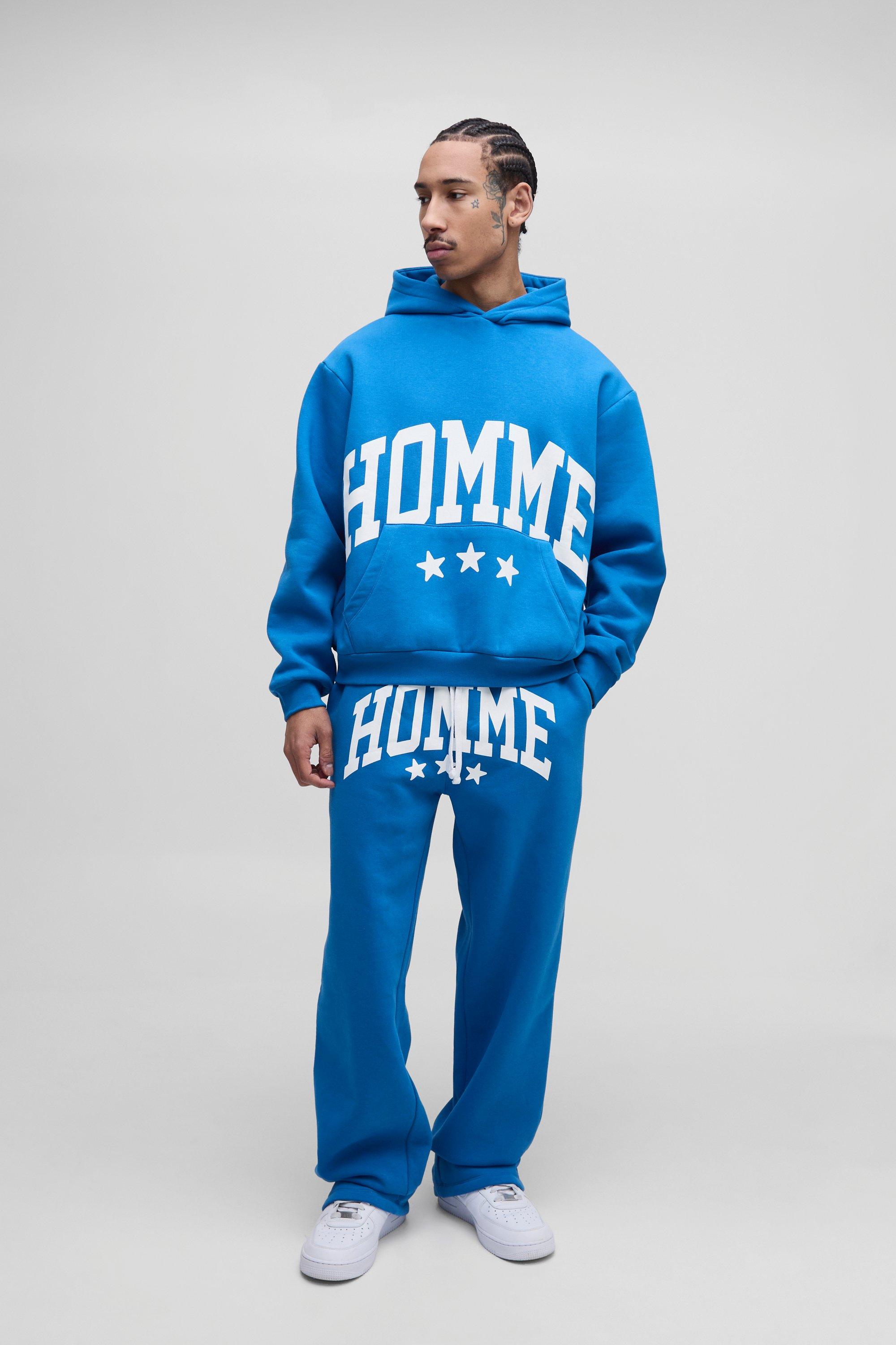 Tuta Sportiva Squadrata Oversize Homme Con Cappuccio, Azzurro