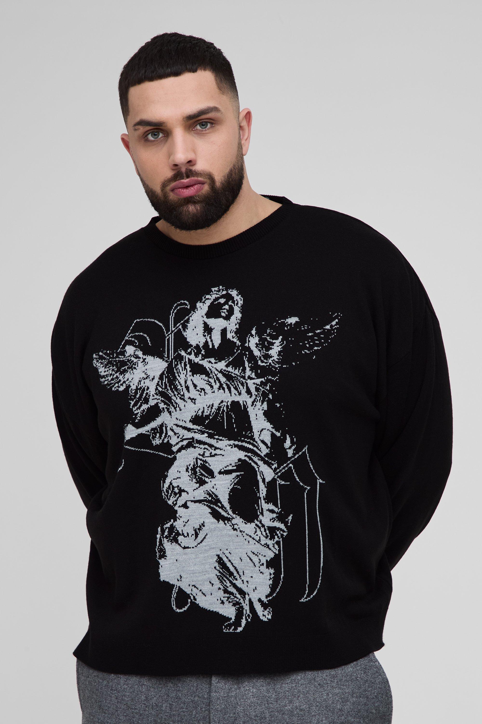 Maglione Plus Size squadrato oversize in maglia rinascimentale, Nero