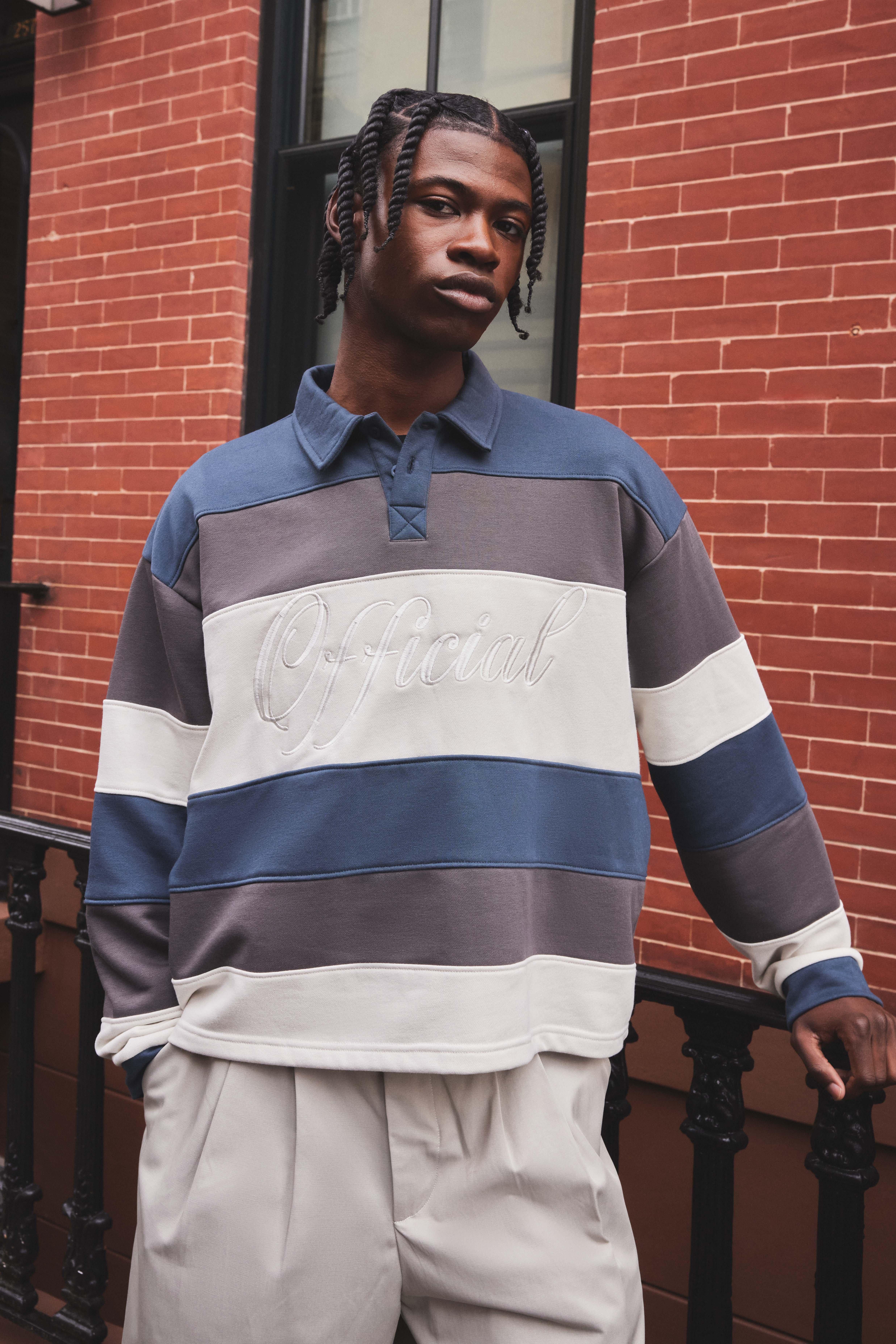 Felpa squadrata oversize stile Rugby a righe con ricami, Grigio