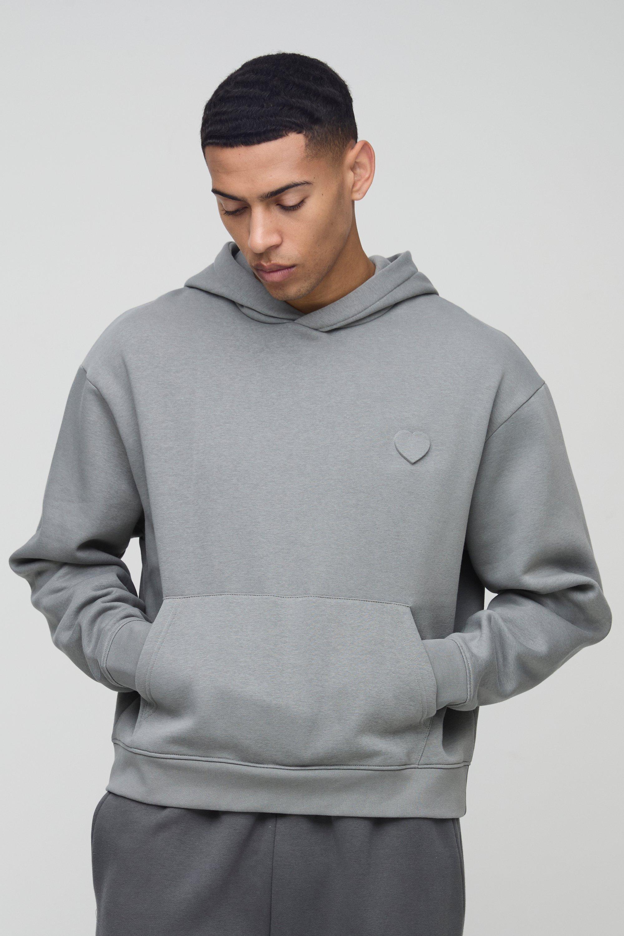 Felpa squadrata oversize con incisioni a cuore e cappuccio, Grigio