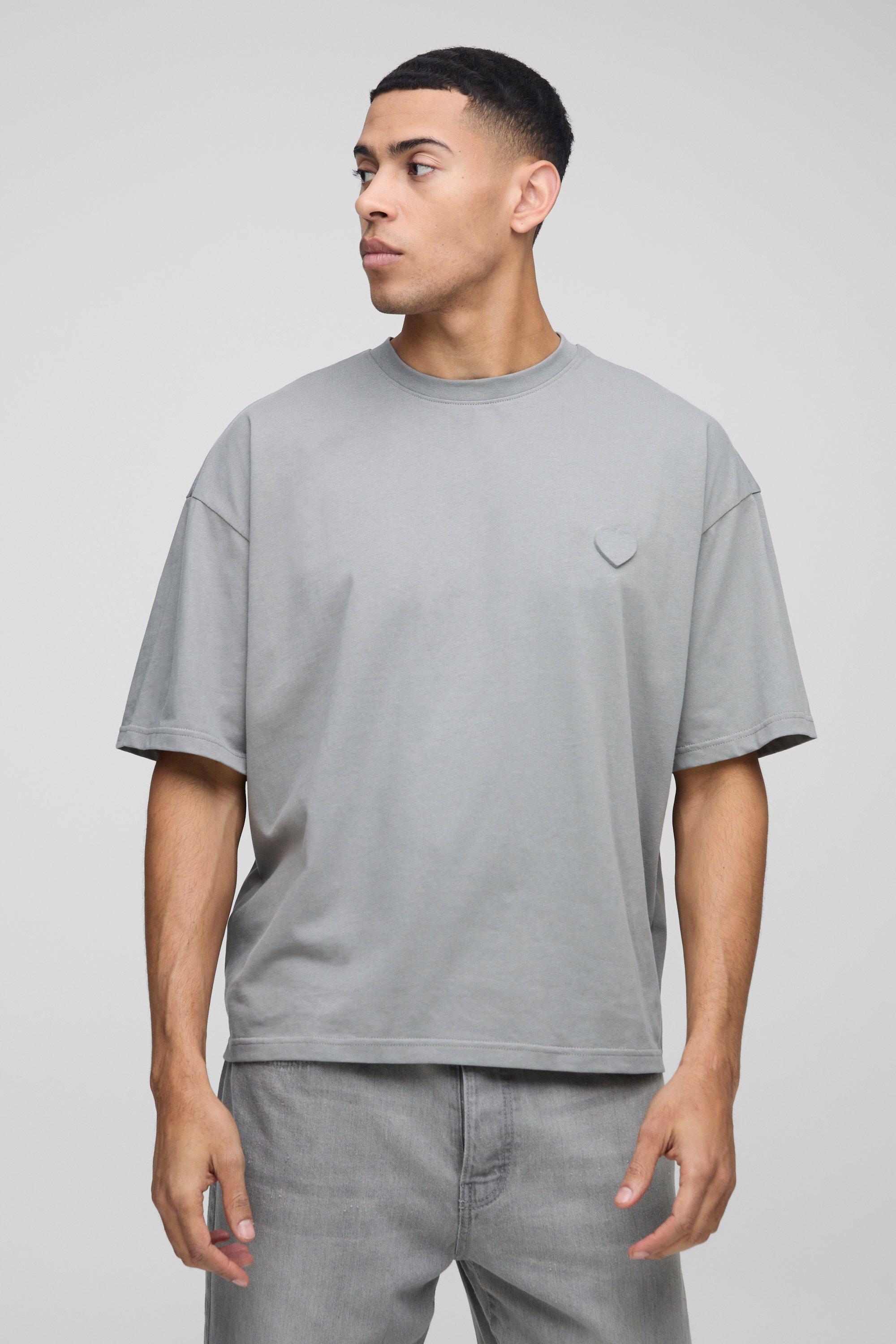 Mens Grey Oversized Boxy Emboss Heart T-Shirt, Grey