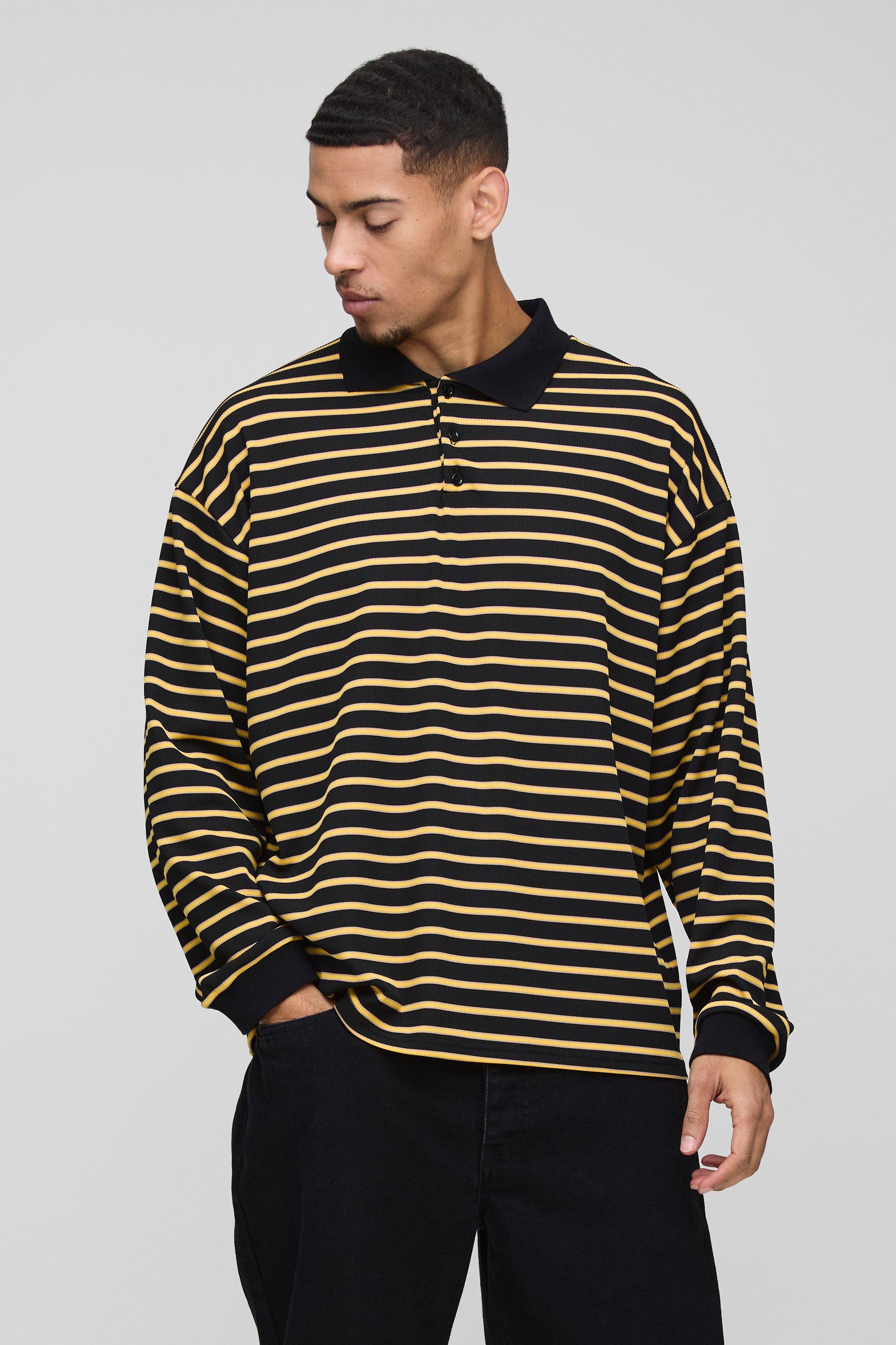 Mens Yellow Oversized Boxy Stripe Rib Rugby Polo, Yellow